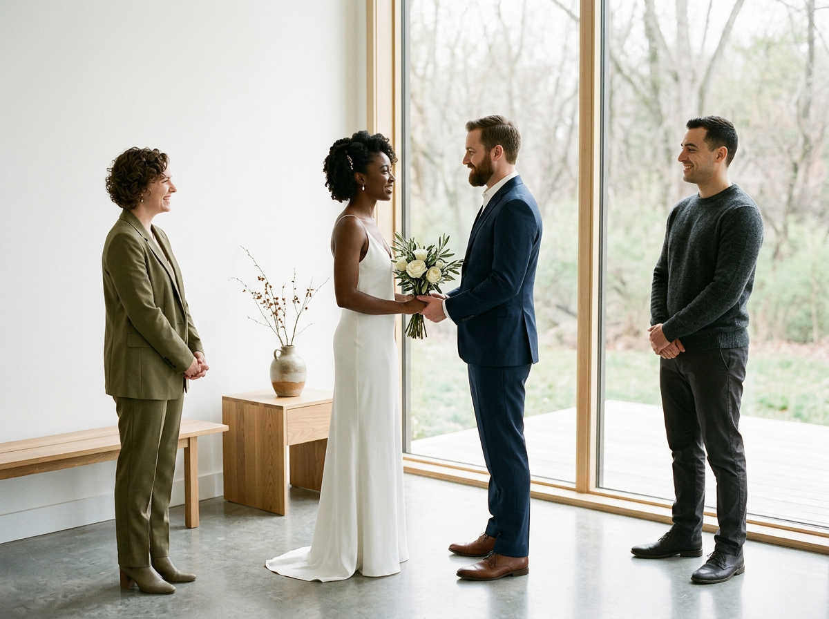 A couple getting married indoors with two witnesses present, hand in hand, with a large window in the background showing an outdoor view.