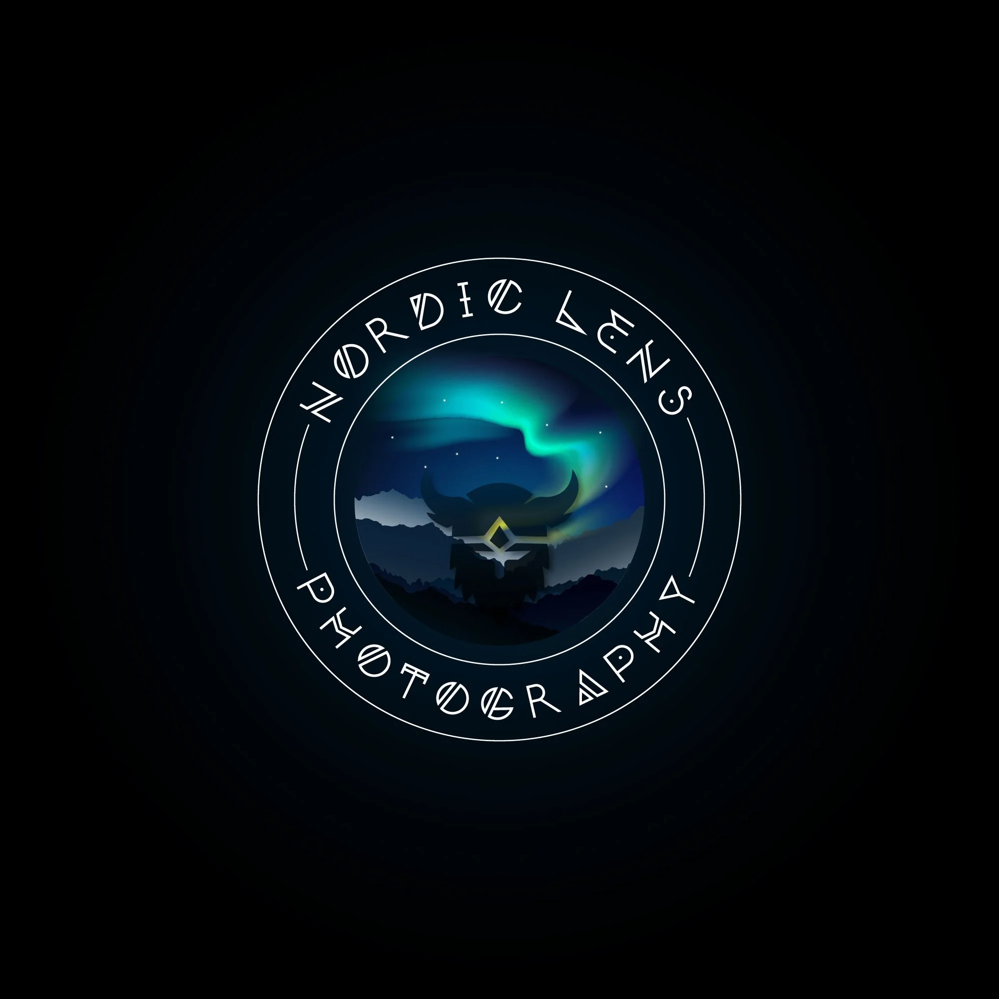 Nordic Lens Photography logo featuring a viking helmet, aura lights that are the Northern Lights