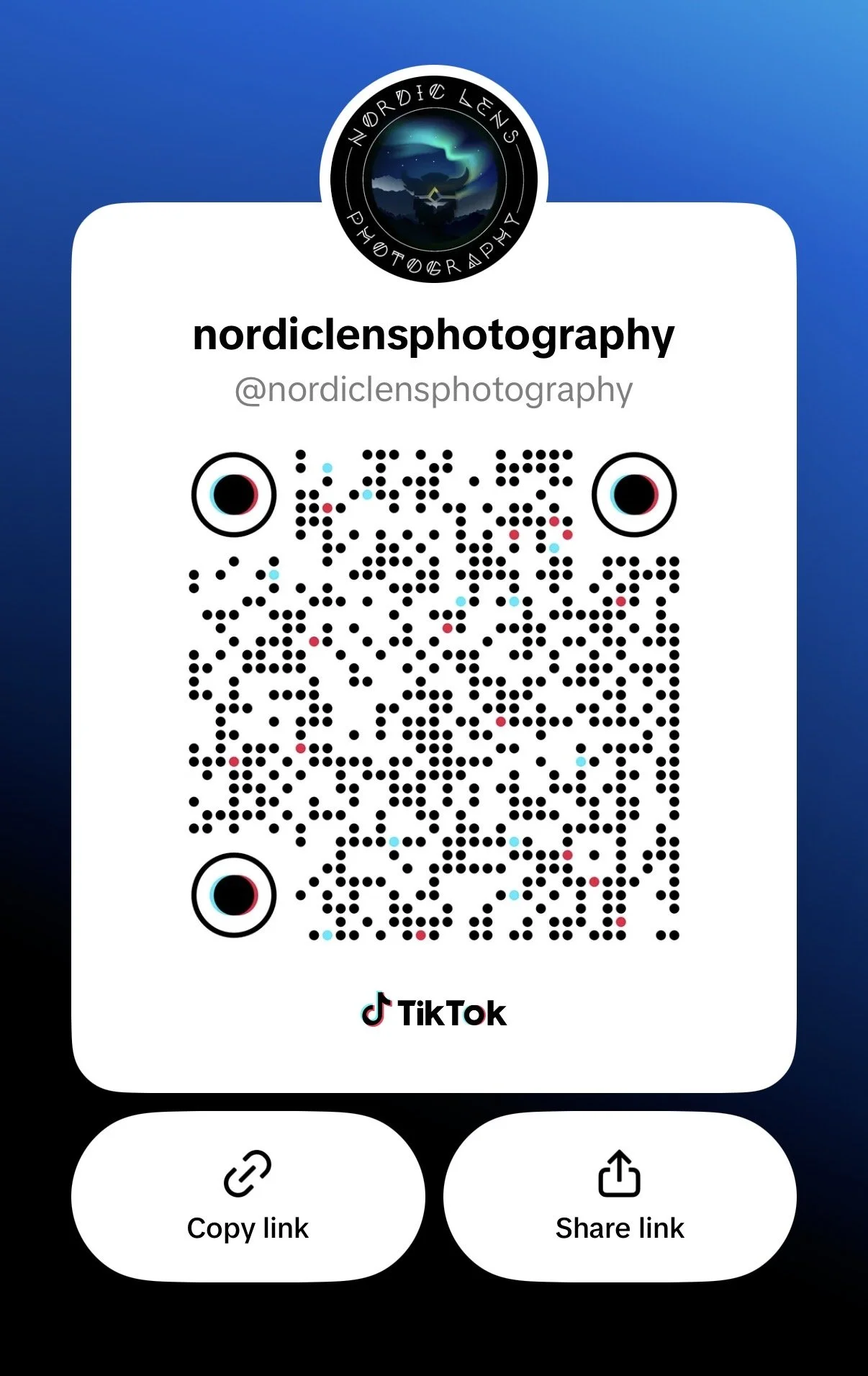 A social media profile card for Nordic Lens Photography, including a circular logo with a northern lights scene, the username @nordiclensphotography, a QR code, and TikTok branding at the bottom.