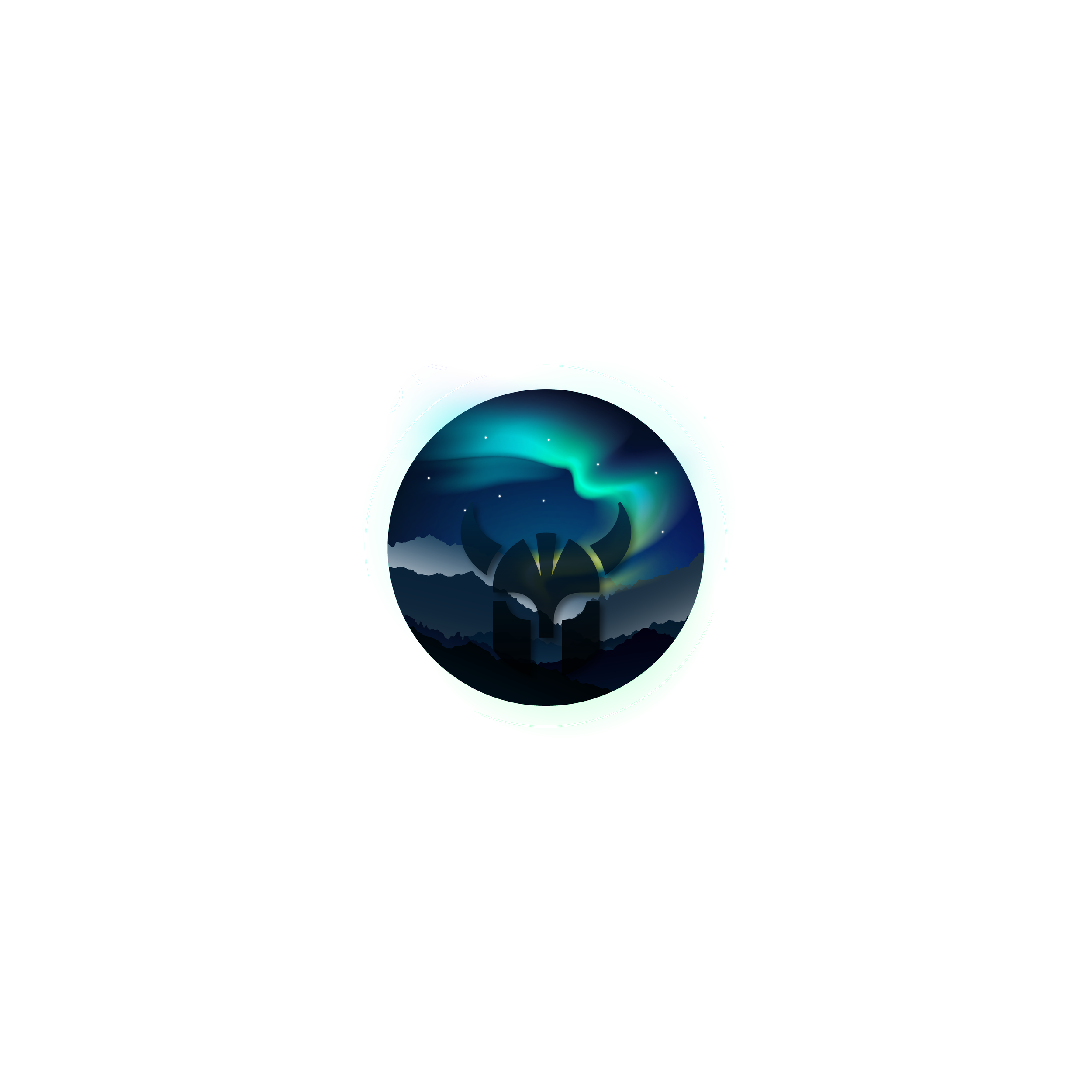Nordic Lens Photography logo featuring a viking helmet with a colorful aura, which is the northern lights, mountains and night sky