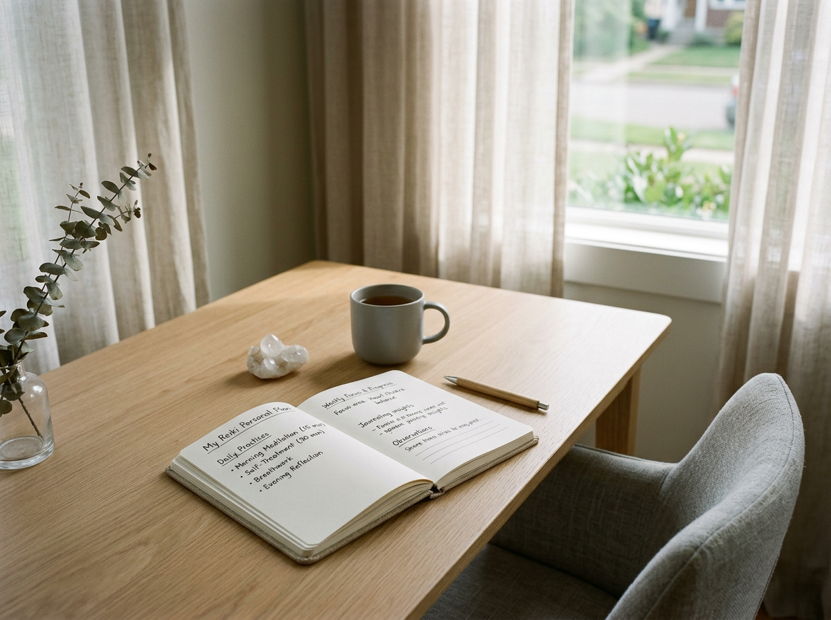 A wooden desk by a window with beige curtains, holding a notebook open with handwritten notes, a pen, a white mug of coffee, a crystal, and a vase with eucalyptus.