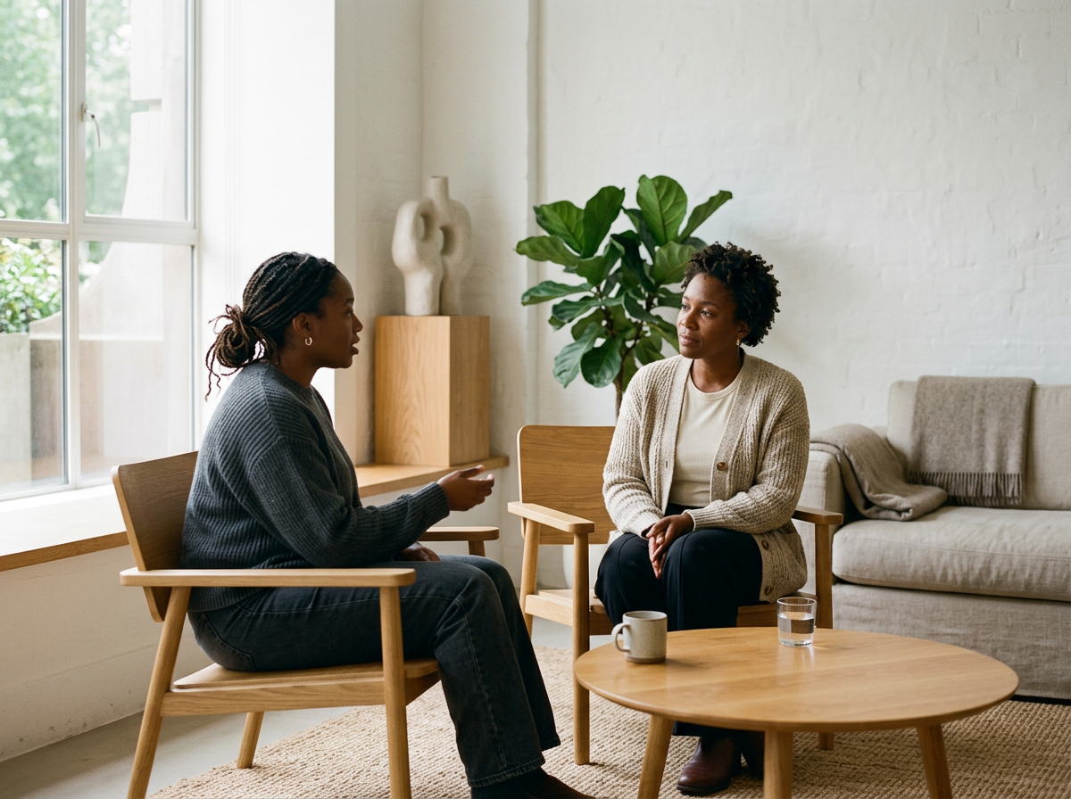 Two women having a conversation in a cozy living room with natural light, sitting in wooden chairs across from each other; one with braided hair and the other with short curly hair, a coffee table with cup and glass between them, and a large green plant in the background.