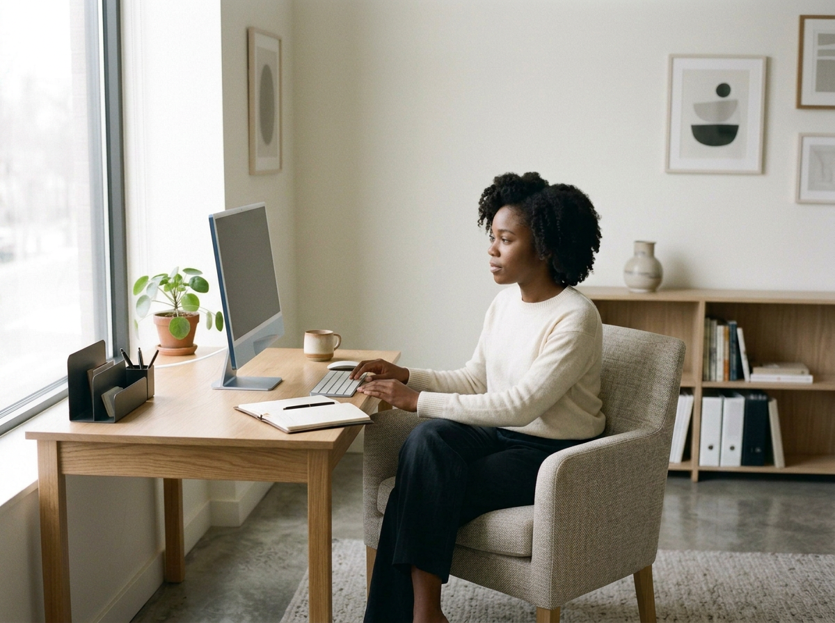 Woman working at a desk in a home office, looking at a computer monitor, with a notebook, mug, and plant nearby.