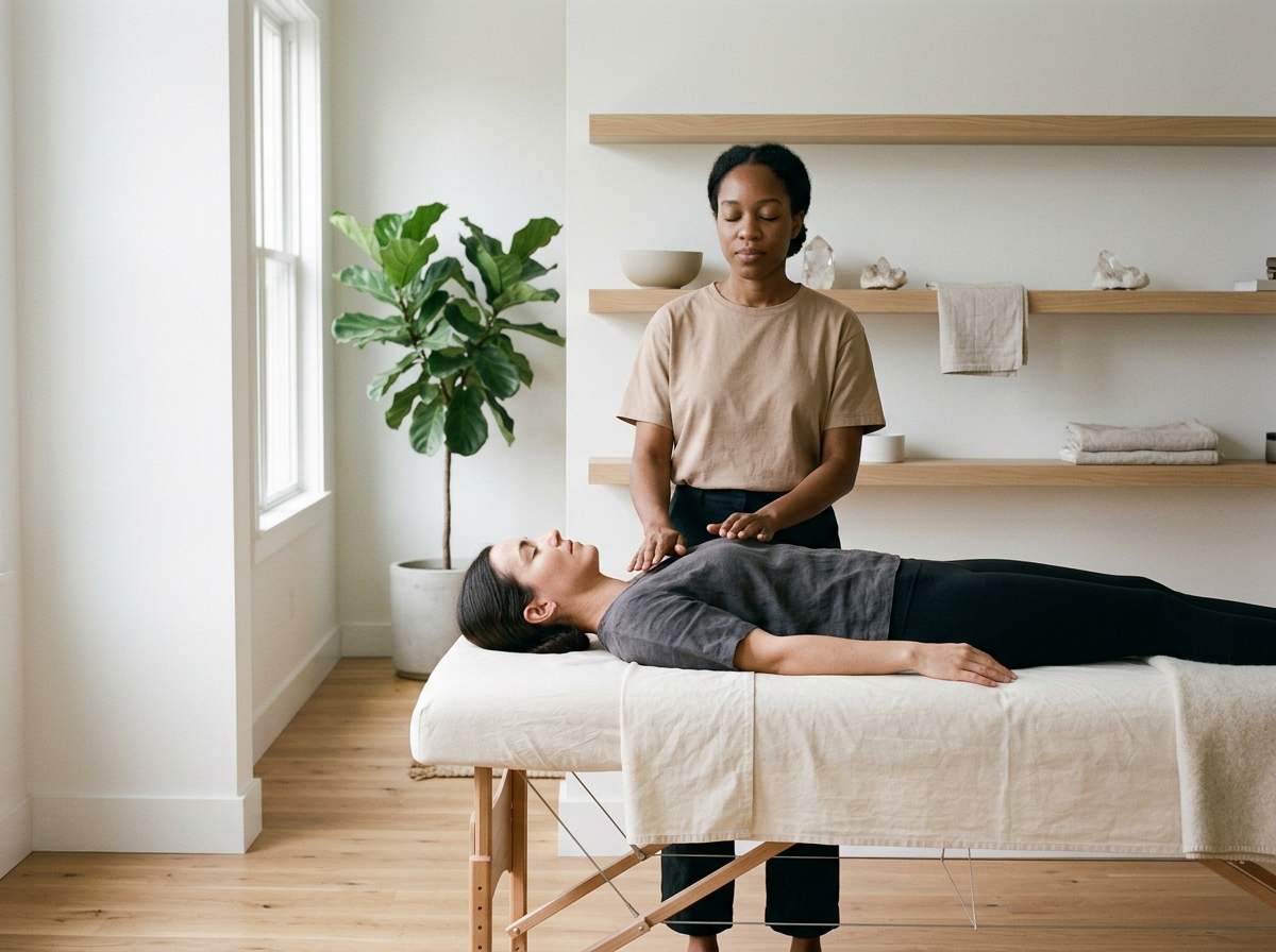 A massage therapist giving a massage to a woman lying on a massage table in a bright, minimalistic room with wooden accents and a potted plant.
