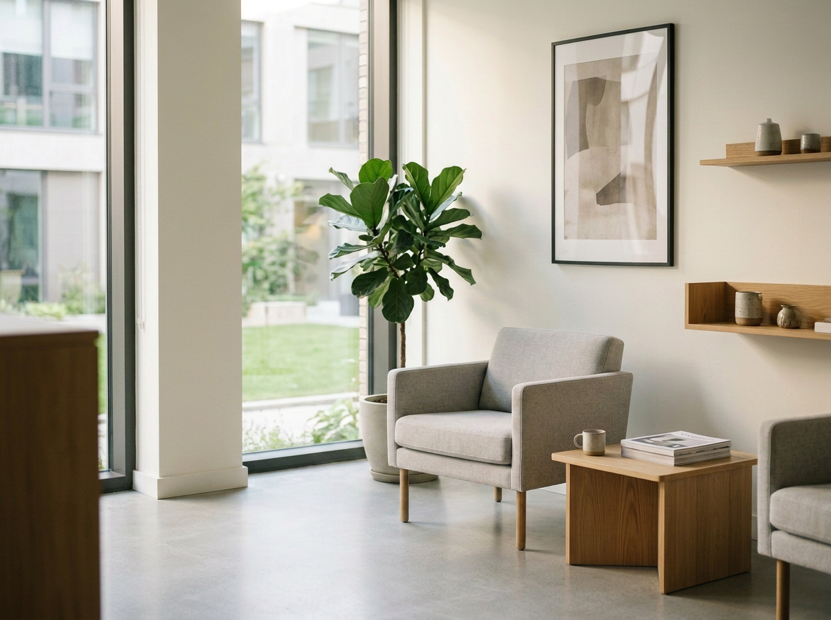 A modern, minimalist living room with large glass windows, a gray armchair, wooden side table with a mug and magazines, a large potted plant, and wall-mounted shelves with decorative items