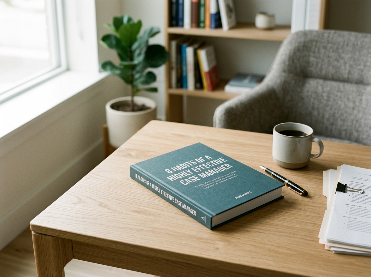 A wooden desk with a book titled '8 Habits of a Highly Effective Case Manager,' a black pen, a cup of coffee, and a stack of papers clipped with a binder clip. In the background, there's a gray armchair, a plant in a white pot, a bookshelf with books, and a window letting in natural light.