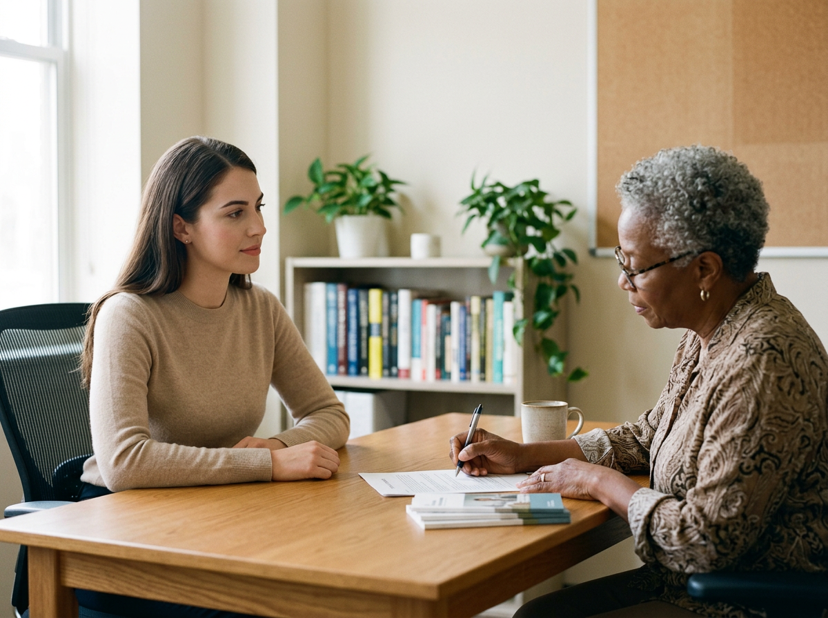 A young woman is sitting across from an older woman at a desk, engaged in conversation during a meeting or interview in an office or home setting.