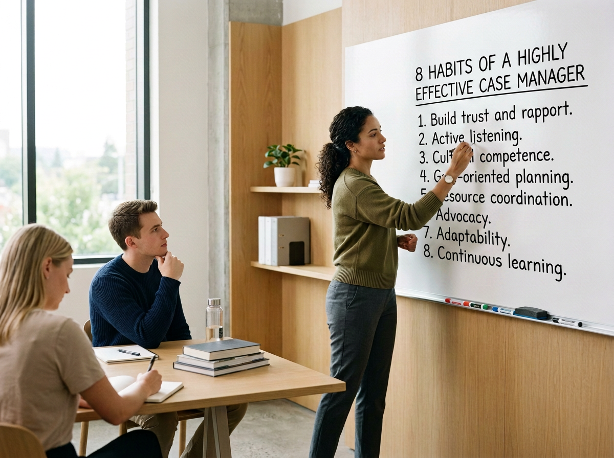 A woman is giving a presentation on a whiteboard titled '8 Habits of a Highly Effective Case Manager' to two seated young adults in a bright room with a large window and wooden shelves.
