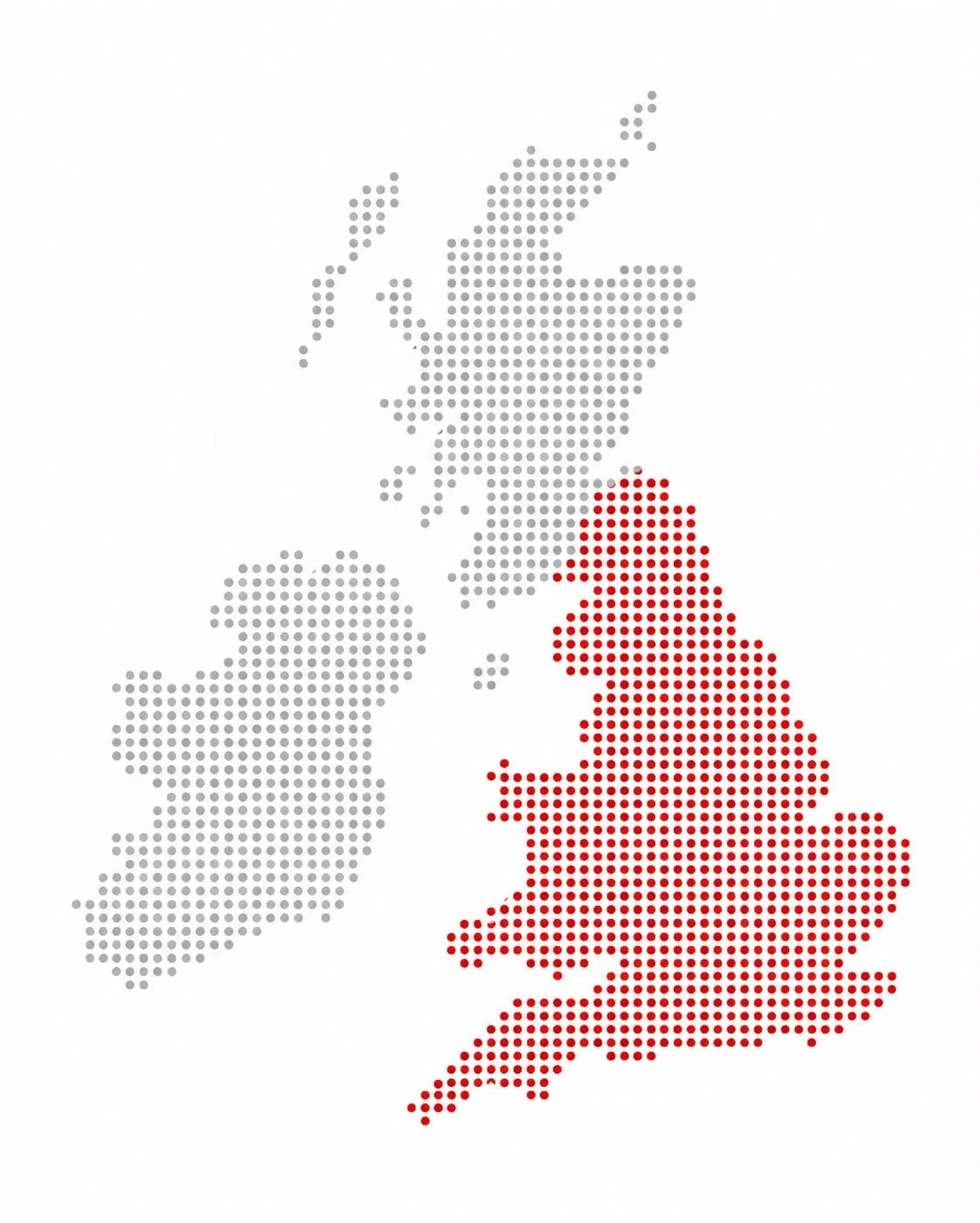 Dot map of the United Kingdom with England highlighted in red.