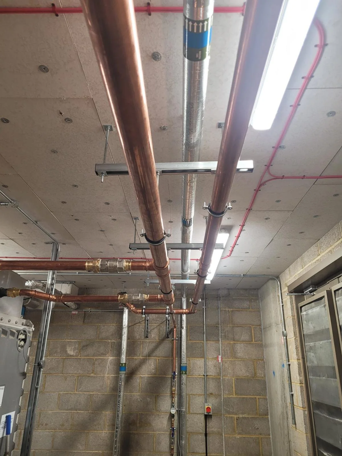 Ceiling with plumbing pipes and fluorescent light fixtures in an unfinished room with concrete block walls.
