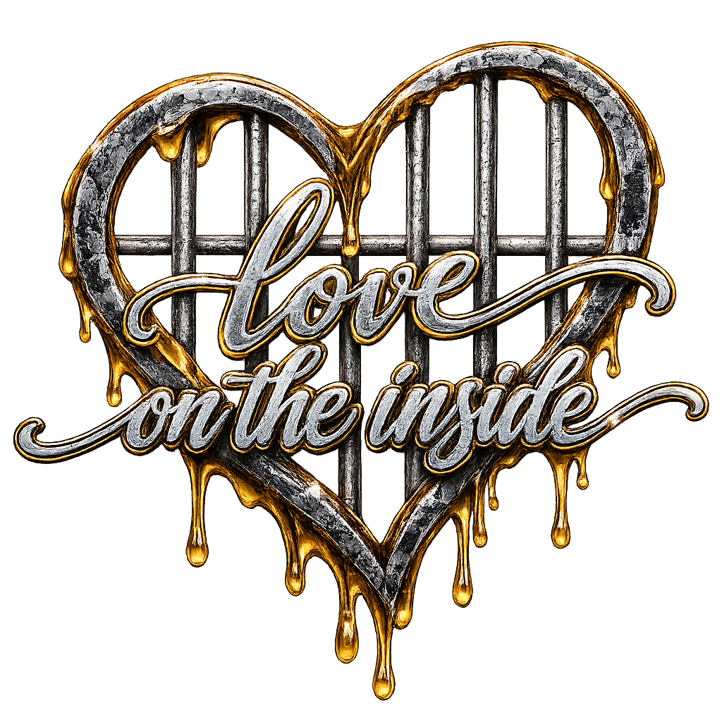 A heart-shaped metal jail with the words "love on the inside" written across it in cursive, with gold drips around the edges against a black background.