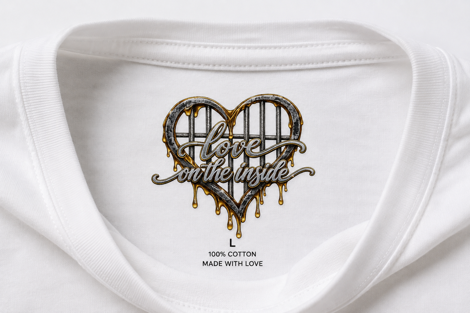 Close-up of a white T-shirt with a metallic heart-shaped graphic that has the words 'love on the inside' inside. The graphic is dripping gold paint, and details about the shirt indicate it's a size large, 100% cotton, and made with love.
