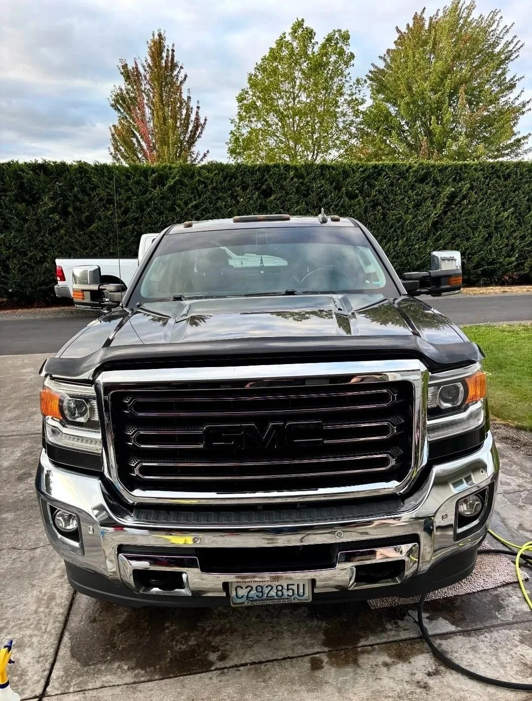 Front view of a black GMC pickup truck parked on a concrete driveway, with bushes and trees in the background.