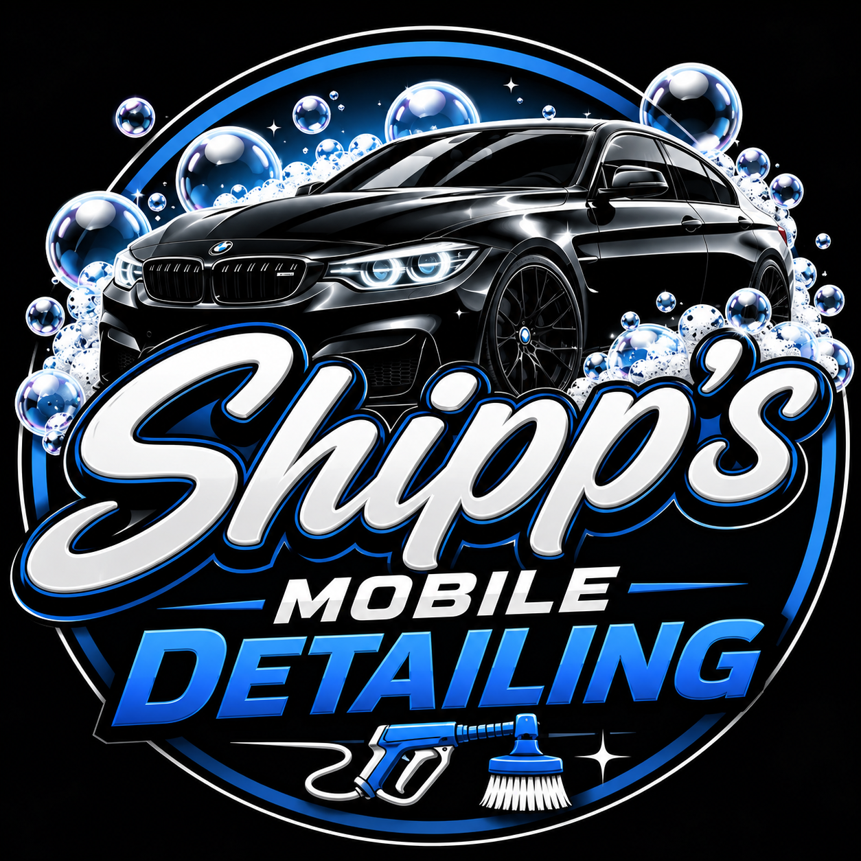 Black BMW car surrounded by bubbles with the text 'Ships Mobile Detailing' and cleaning tools.