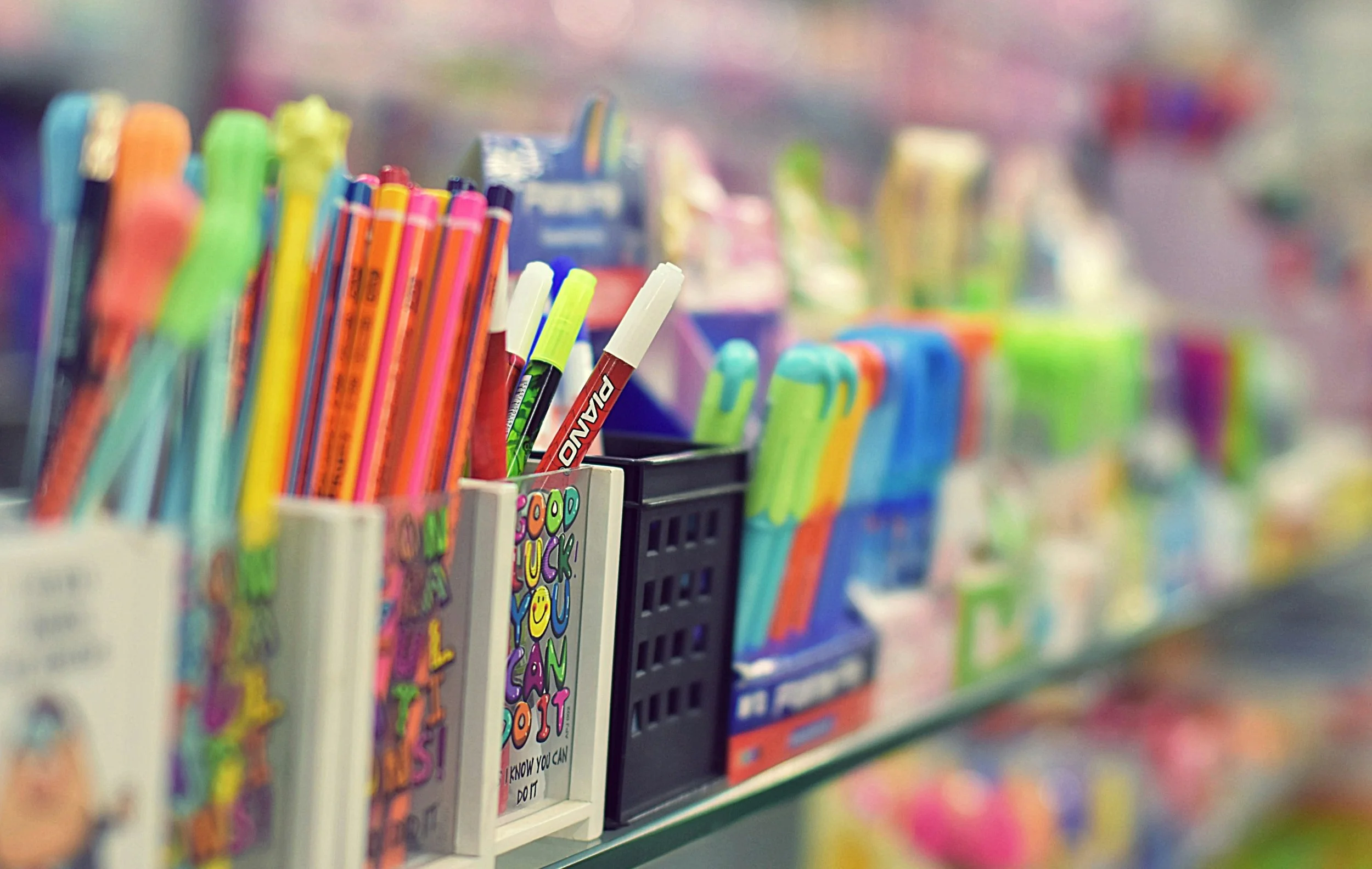 Upclose unfocused image of pencils and pens in a shop