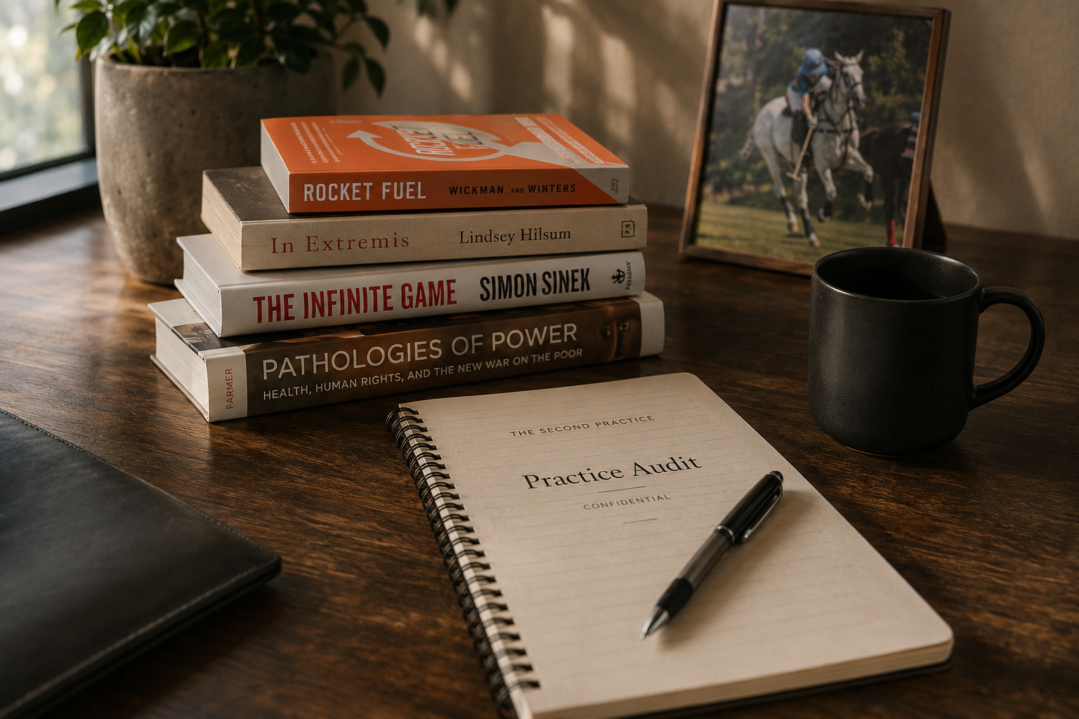 A desk with a stack of books, a black coffee mug, a notebook titled 'Practice Audit,' a pen, a potted plant, and a framed photo of a horse race.