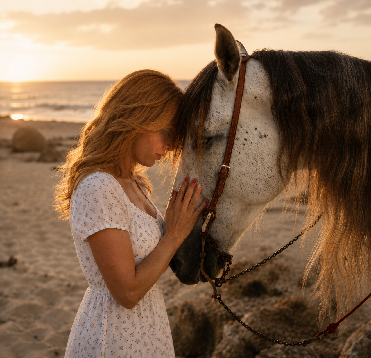 A woman with red hair in a white floral dress touches foreheads with a white and gray horse at the beach during sunset.
