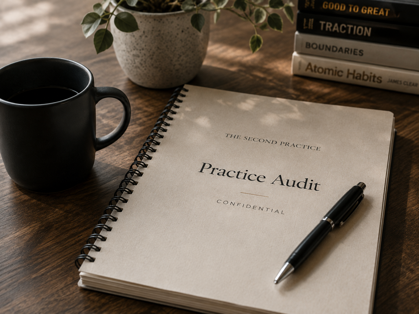 A notebook titled 'Practice Audit' with a pen on a wooden desk, alongside a black coffee mug, a potted plant, and a stack of books.
