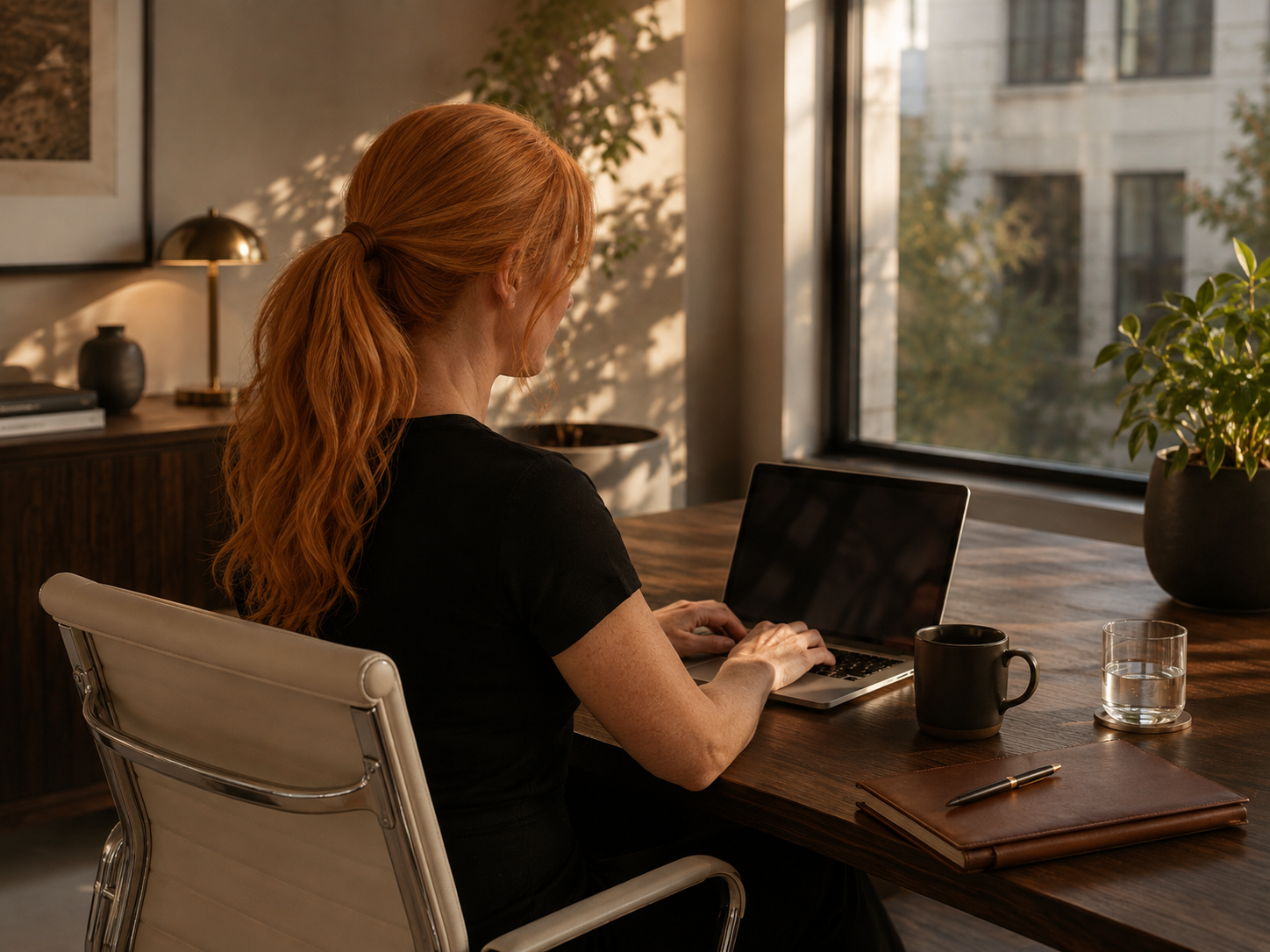 A woman with long red hair tied in a ponytail working on a laptop at a wooden desk in a well-lit room with large windows, a black coffee mug, a glass of water, a leather notebook, and a potted plant visible.