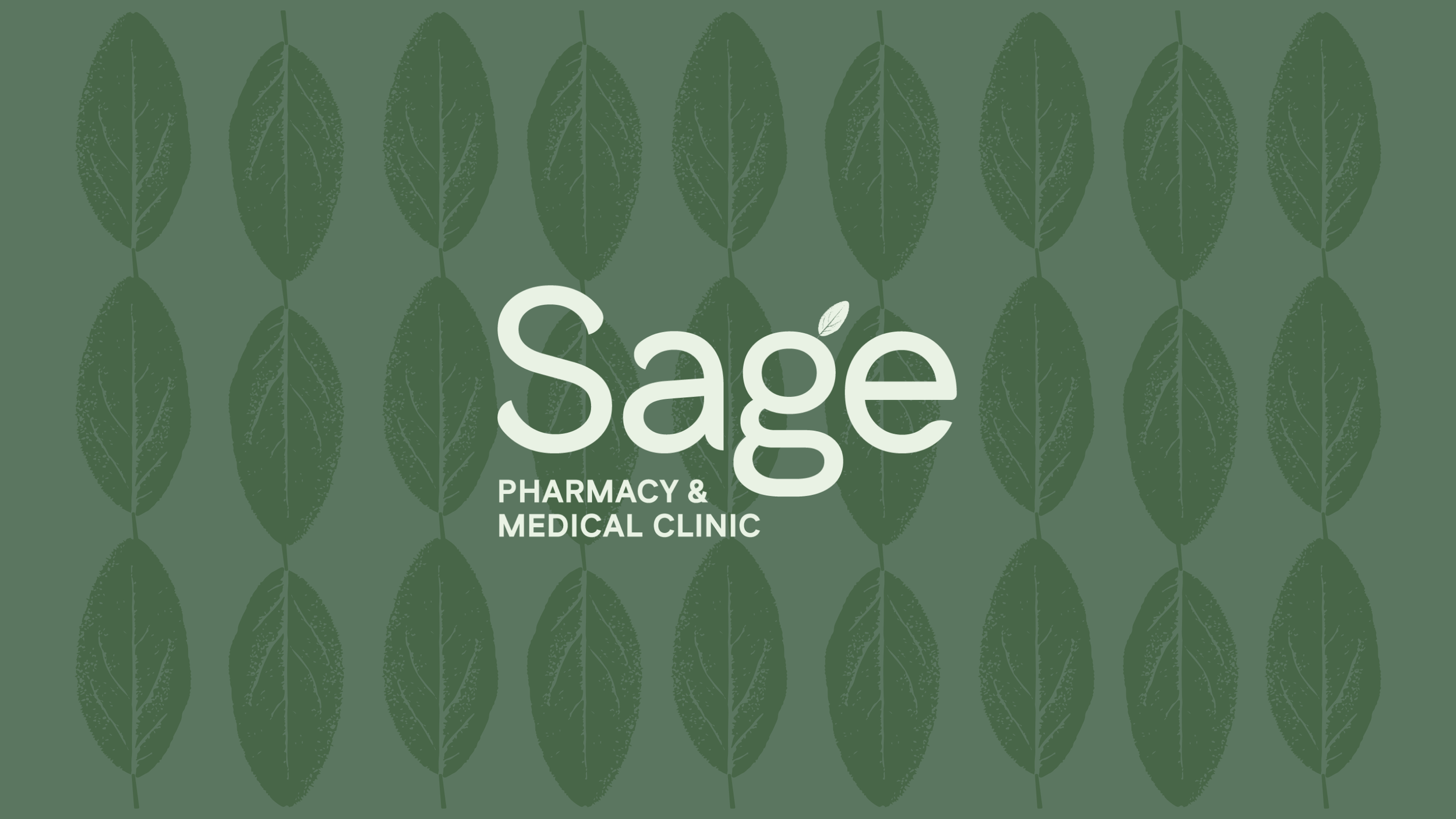 Logo for Sage Pharmacy & Medical Clinic with a background of multiple sage leaves.