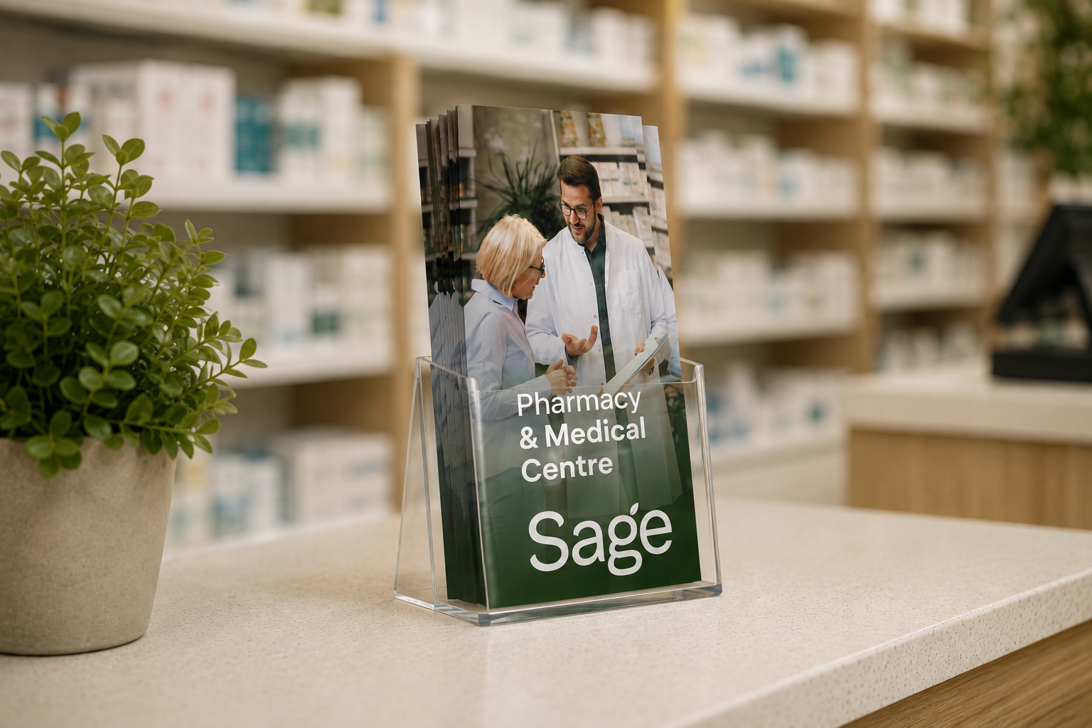 A store display featuring a sign for a pharmacy and medical center called Sage, with a photo of two pharmacists in white coats talking, placed on a counter with a small green potted plant nearby.