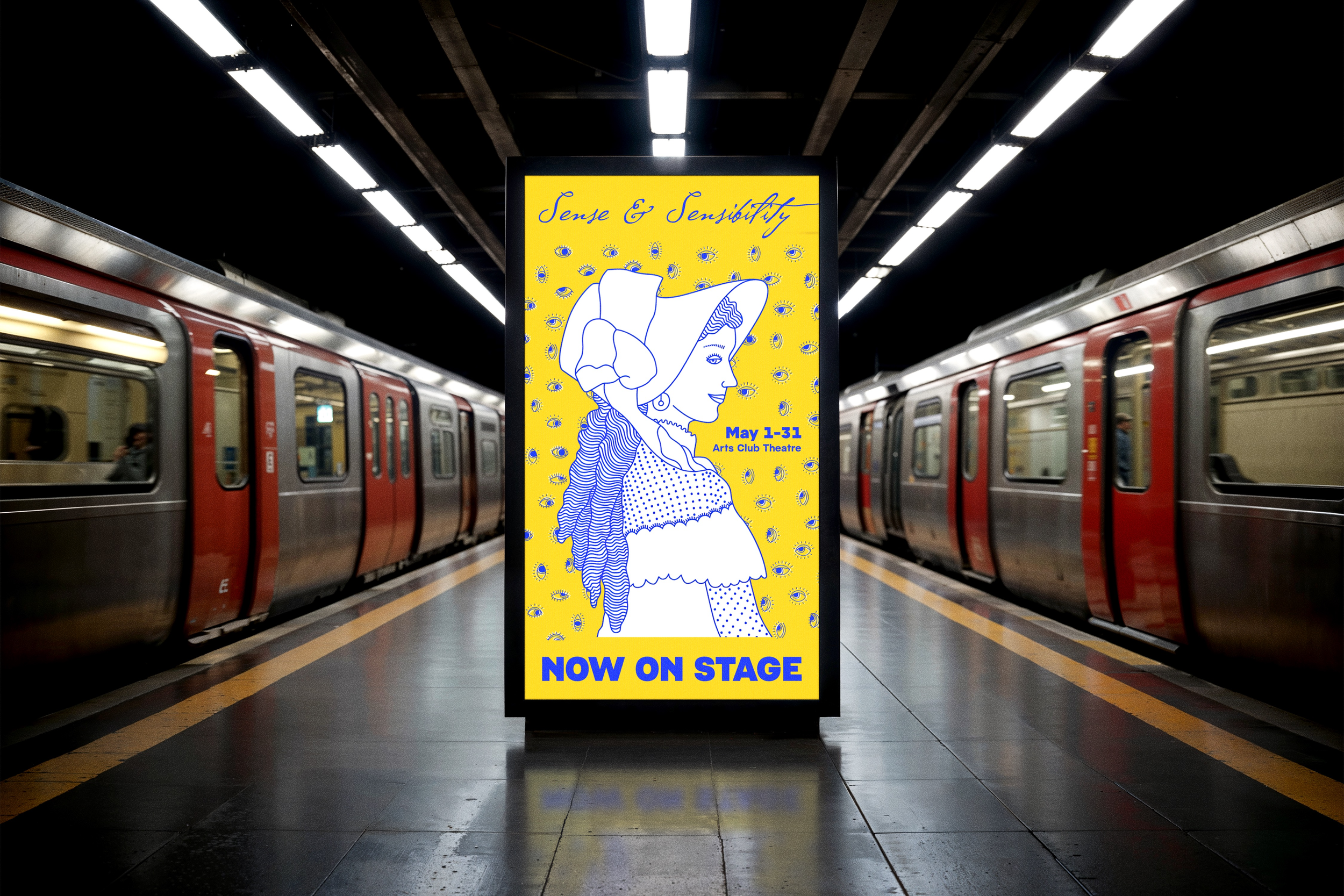 Subway station with a yellow sign advertising a stage performance called 'Sense & Sensibility,' showing a line drawing of a woman in profile, surrounded by eye illustrations, with details of the event and dates.