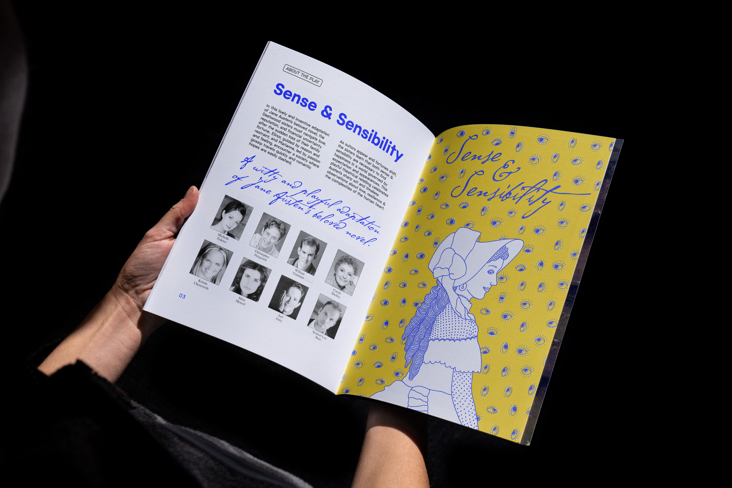 Open magazine featuring an article titled 'Sense & Sensibility' with black and white photographs of various people and a hand-drawn illustration of a woman with eyes surrounding her.