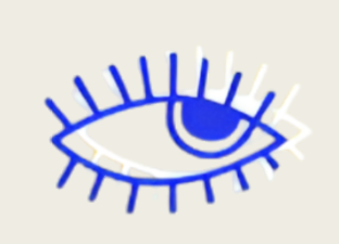 Stylized eye illustration with blue and white colors, featuring prominent eyelashes and a visible eyelid.