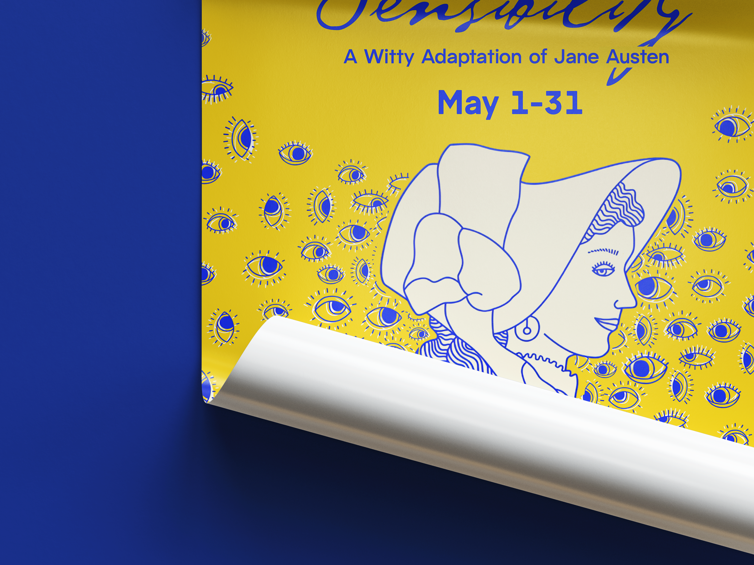 A partially folded yellow poster with blue text and illustrations. The visible text reads "A Witty Adaptation of Jane Austen May 1-31". The poster features multiple blue eyeball illustrations and a simplified line drawing of a person's face with a large nose, detailed lips, and closed eyes. The poster is set against a dark blue background.