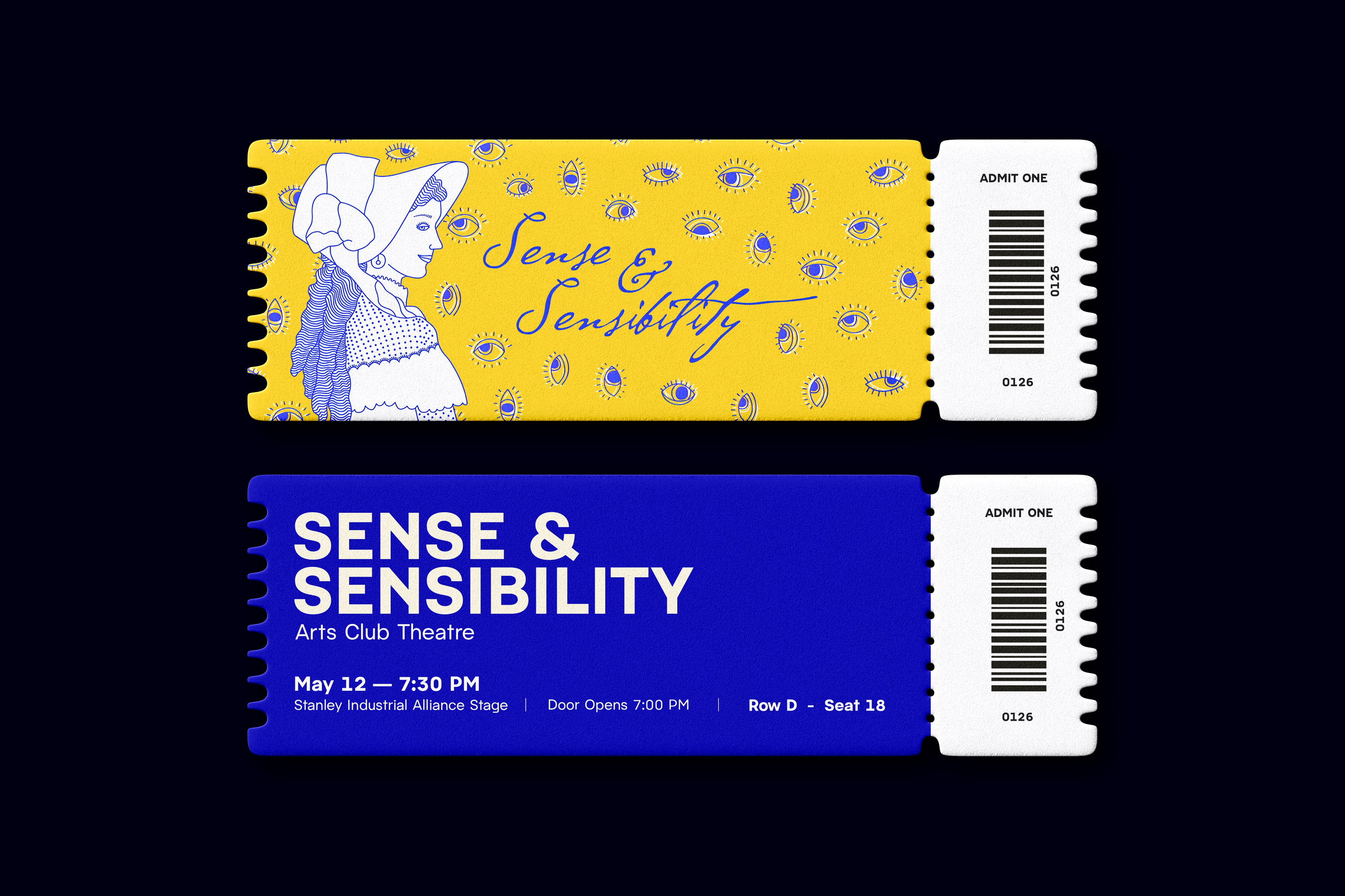 Two theater tickets, one yellow with blue text and illustrations, and one blue with white text, for a performance titled "Sense & Sensibility" at Arts Club Theatre on May 12 at 7:30 PM.