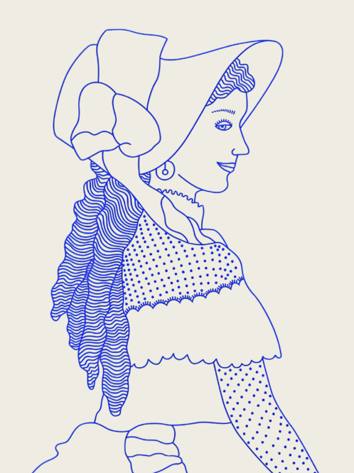 Line drawing of a woman in profile wearing a wide-brimmed hat, with detailed hair, a polka-dotted dress, and earrings.
