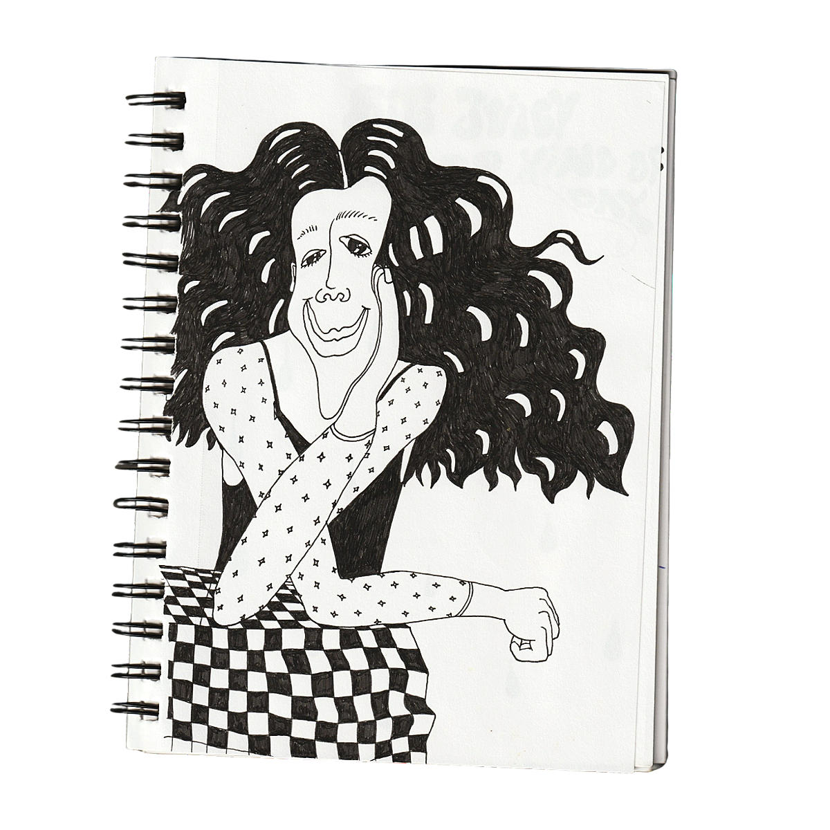 Black and white illustration of a woman with long, wavy hair, smiling with her eyes closed, touching her face with one hand, wearing a dotted top and checkered pants, drawn on a spiral-bound sketchbook.