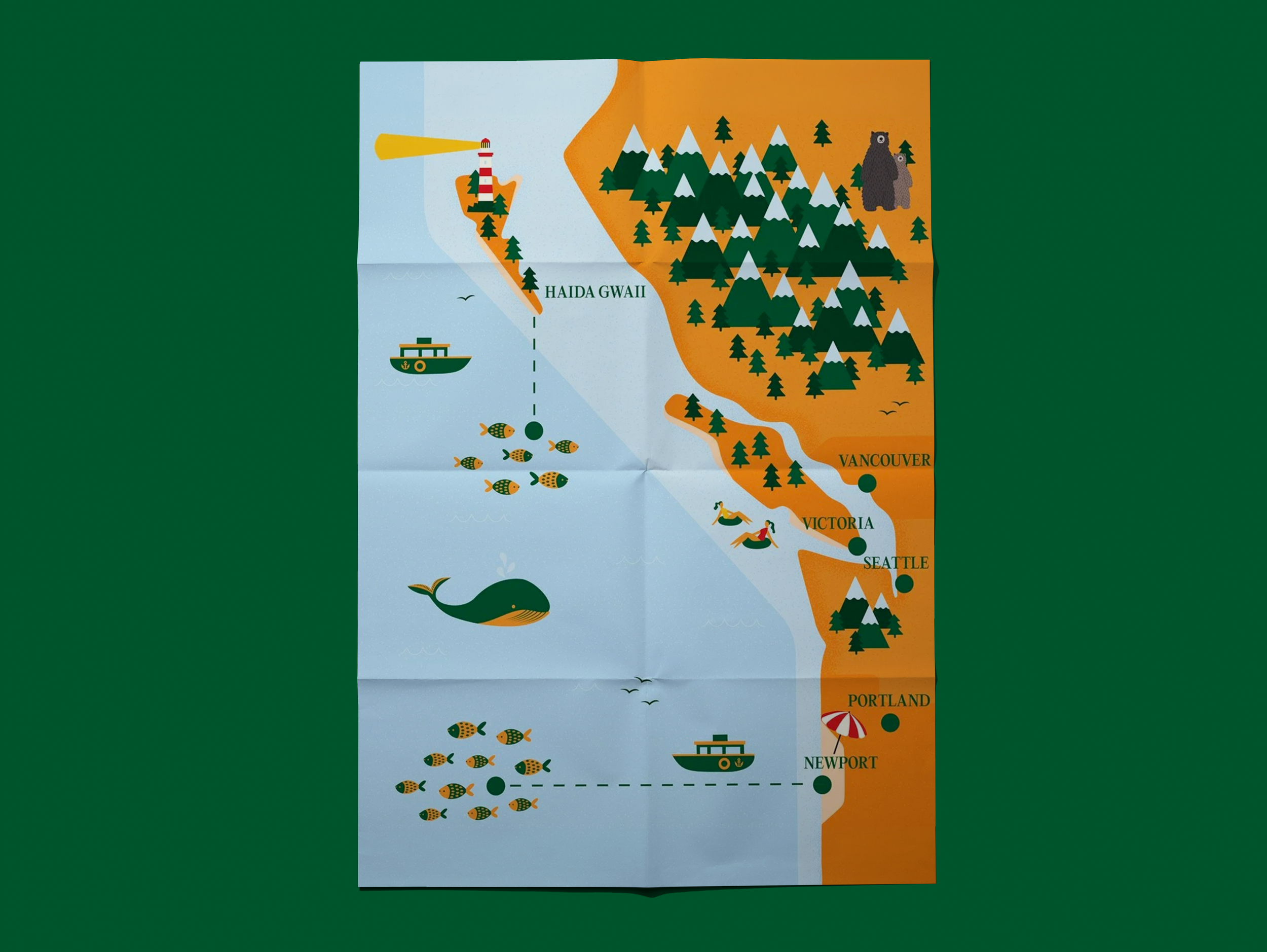 Illustrated map of the Pacific Northwest showcasing locations such as Portland, Seattle, Vancouver, Newport, Victoria, Haida Gwaii, with symbols of mountains, trees, bears, whales, dolphins, and boats.