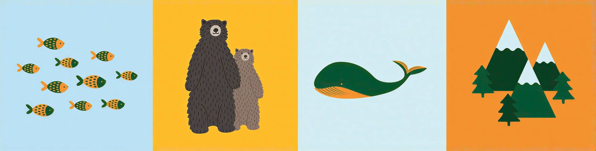 Illustration of various animals and nature scenes divided into four sections: group of orange and green fish, two bears, a whale, and mountains with trees.