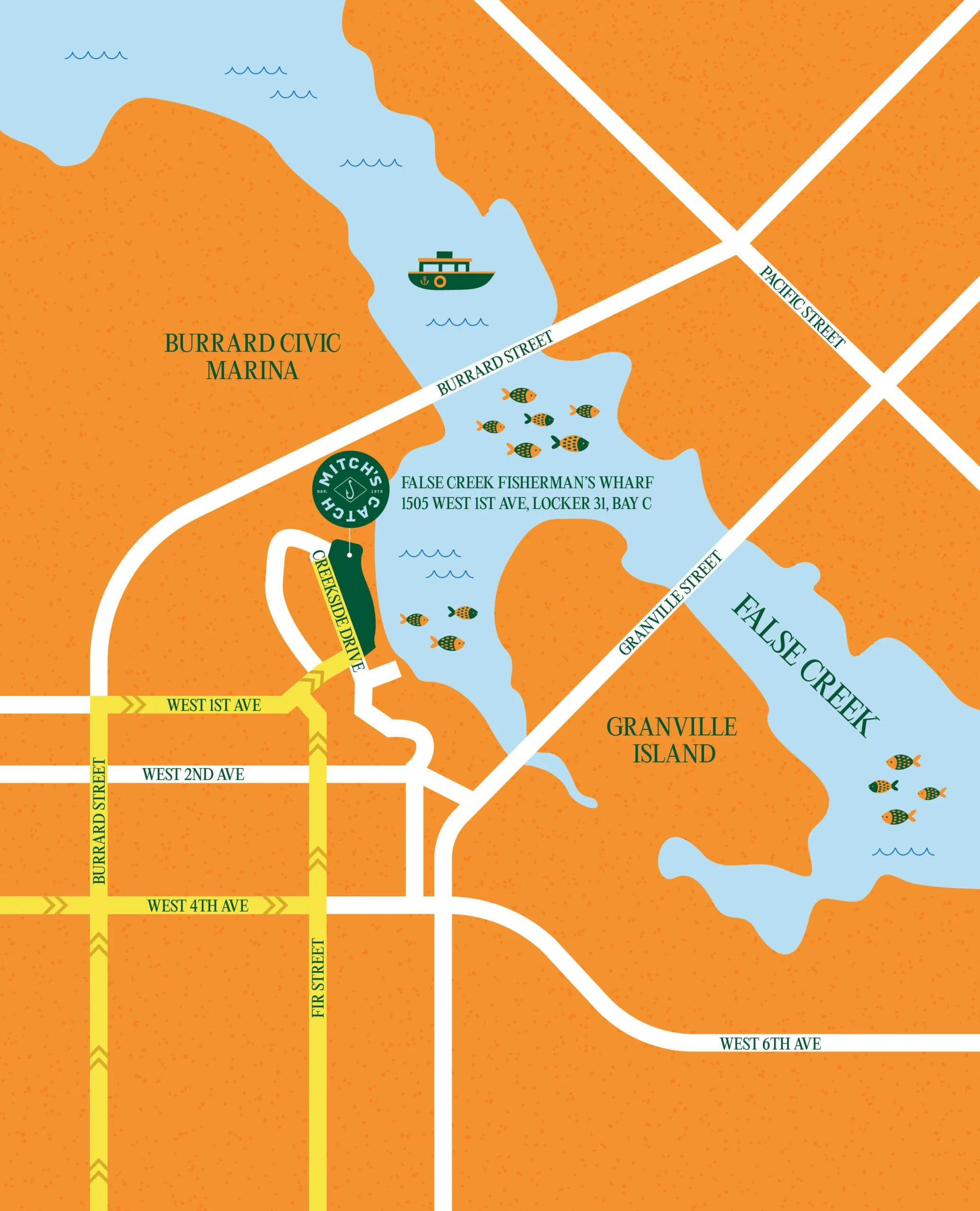 Colorful illustrated map of Burrard Civic Marina and surrounding areas, featuring water, a boat, fish, streets, and nearby islands.