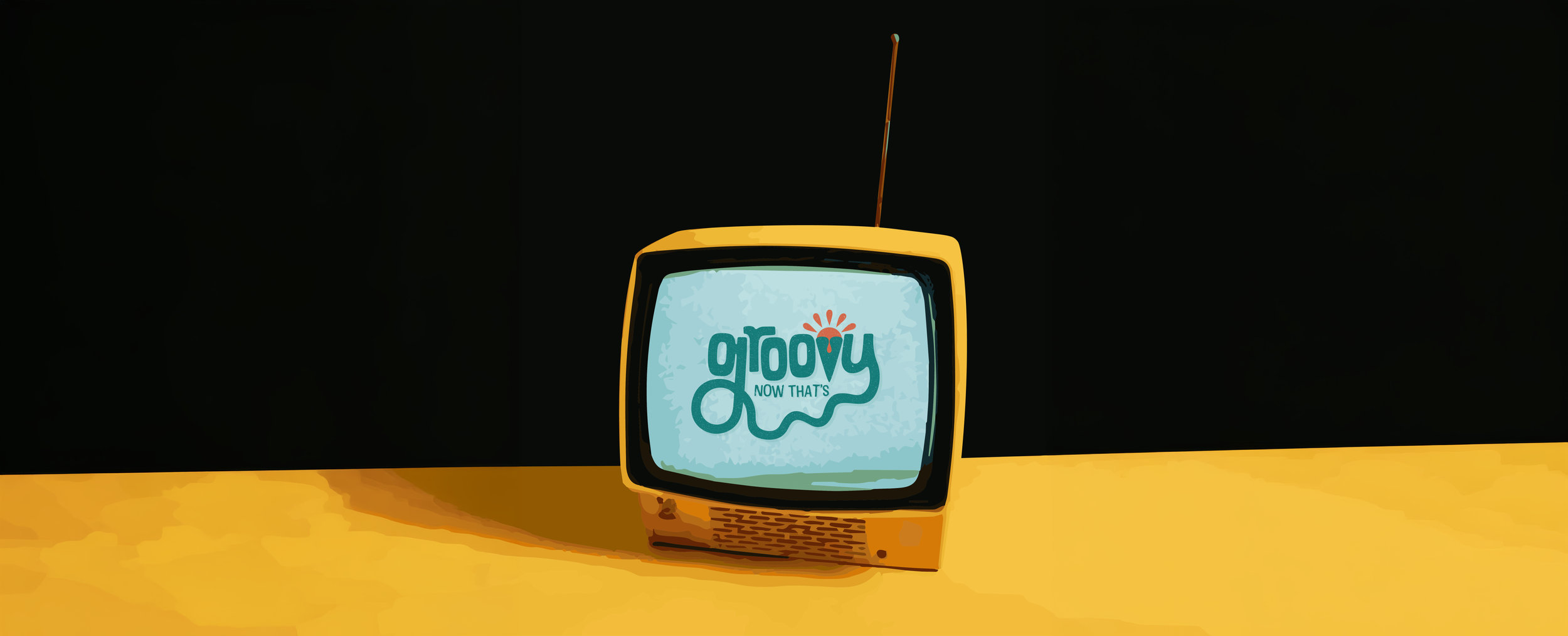 A yellow retro television with an antenna displays the logo and slogan for 'Gloovy' on its screen, set against a black background with a yellow surface.