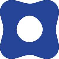Blue square with rounded edges and a central black circle.