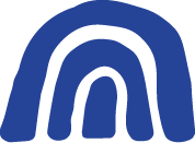 Close-up of a simple, stylized rainbow icon with three arcs in different shades of blue.