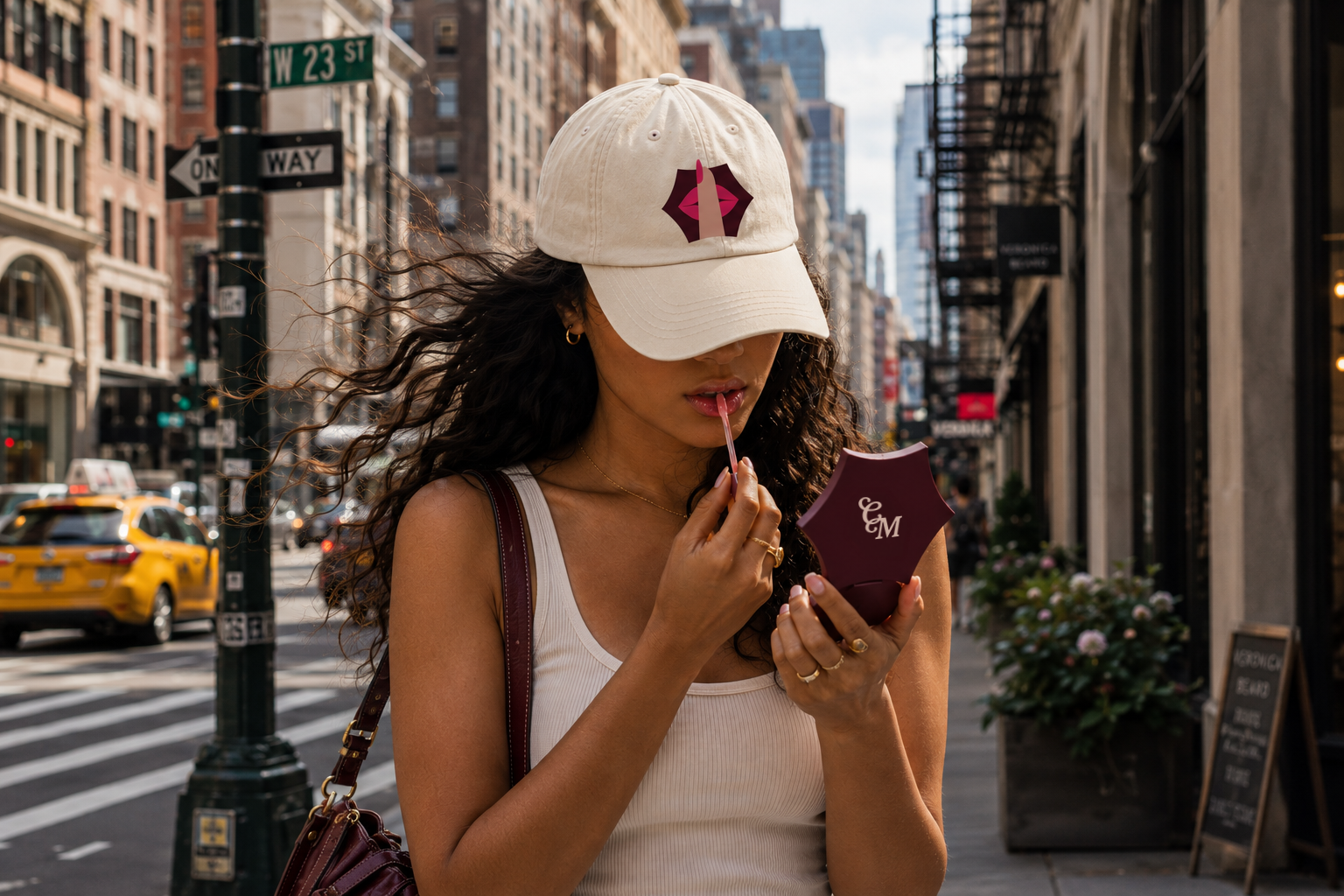 Young woman with curly hair wearing a beige baseball cap, applying lipstick with a mirror, walking on city street, with yellow taxi and buildings in background.