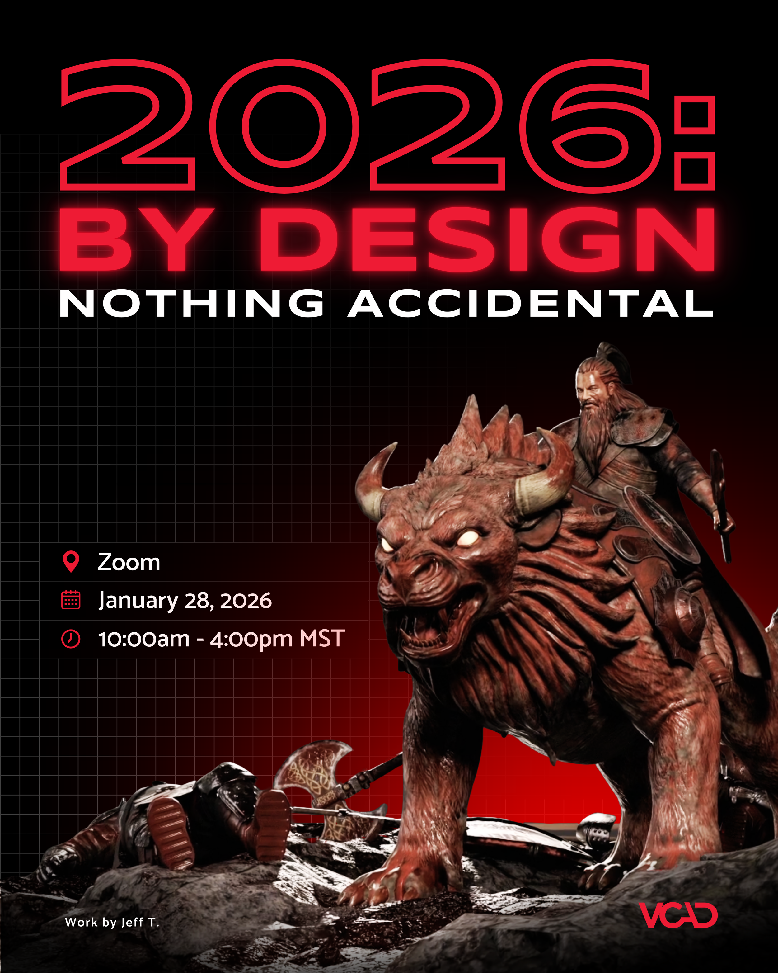 A fantasy artwork showcasing a large, fierce creature with a lion's body and a bull's head, standing on rocky terrain. A warrior in armor is lying beneath the creature, and another warrior riding the creature. The image promotes a 2026 design event, with details about the date, time, and platform, along with the designer's work credit.