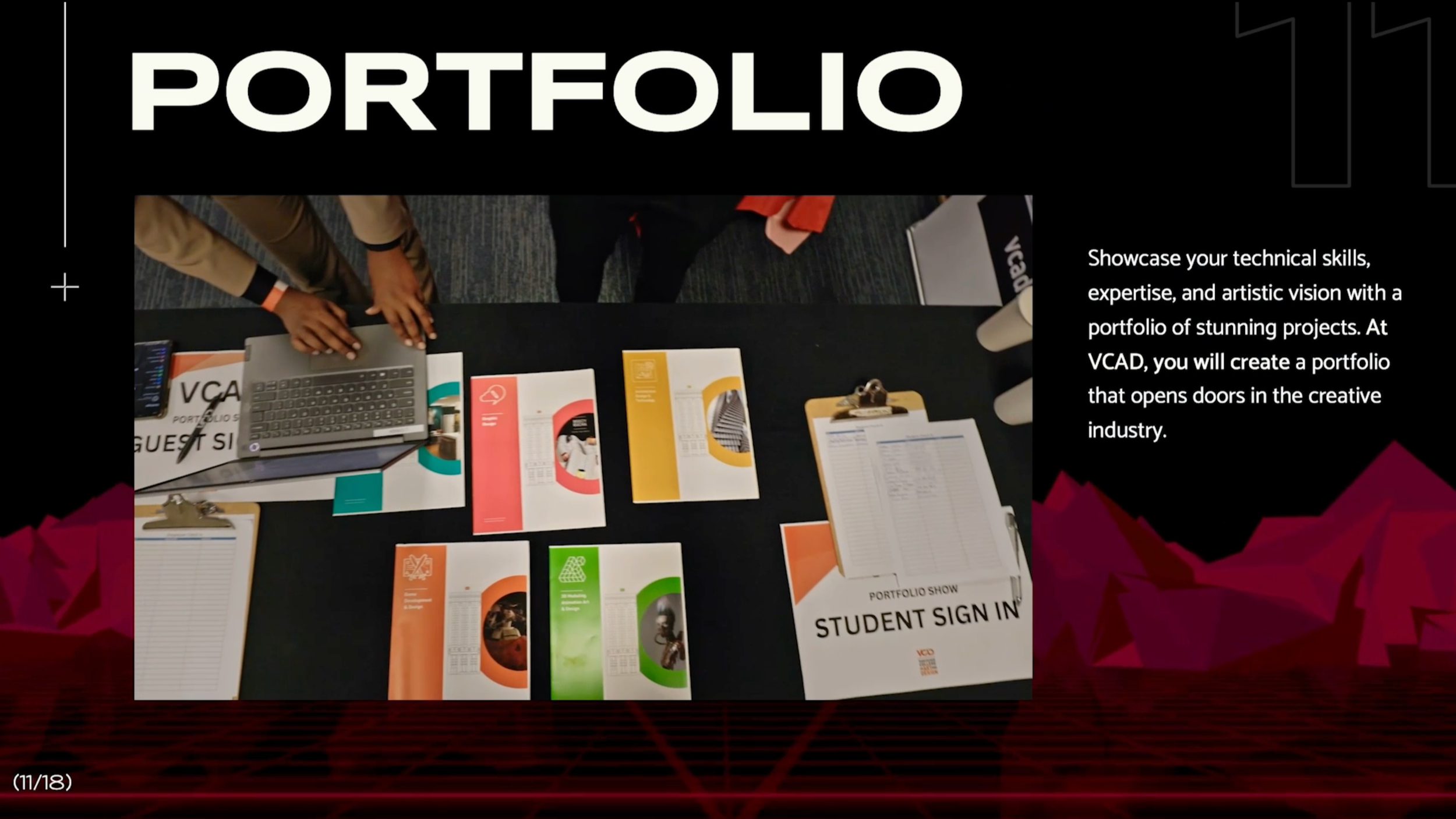 A table at a portfolio showcase event displays brochures, flyers, and a student sign-in sheet. There are two people reaching across the table, and the background has a large black banner with the word 'PORTFOLIO' in bold white letters.