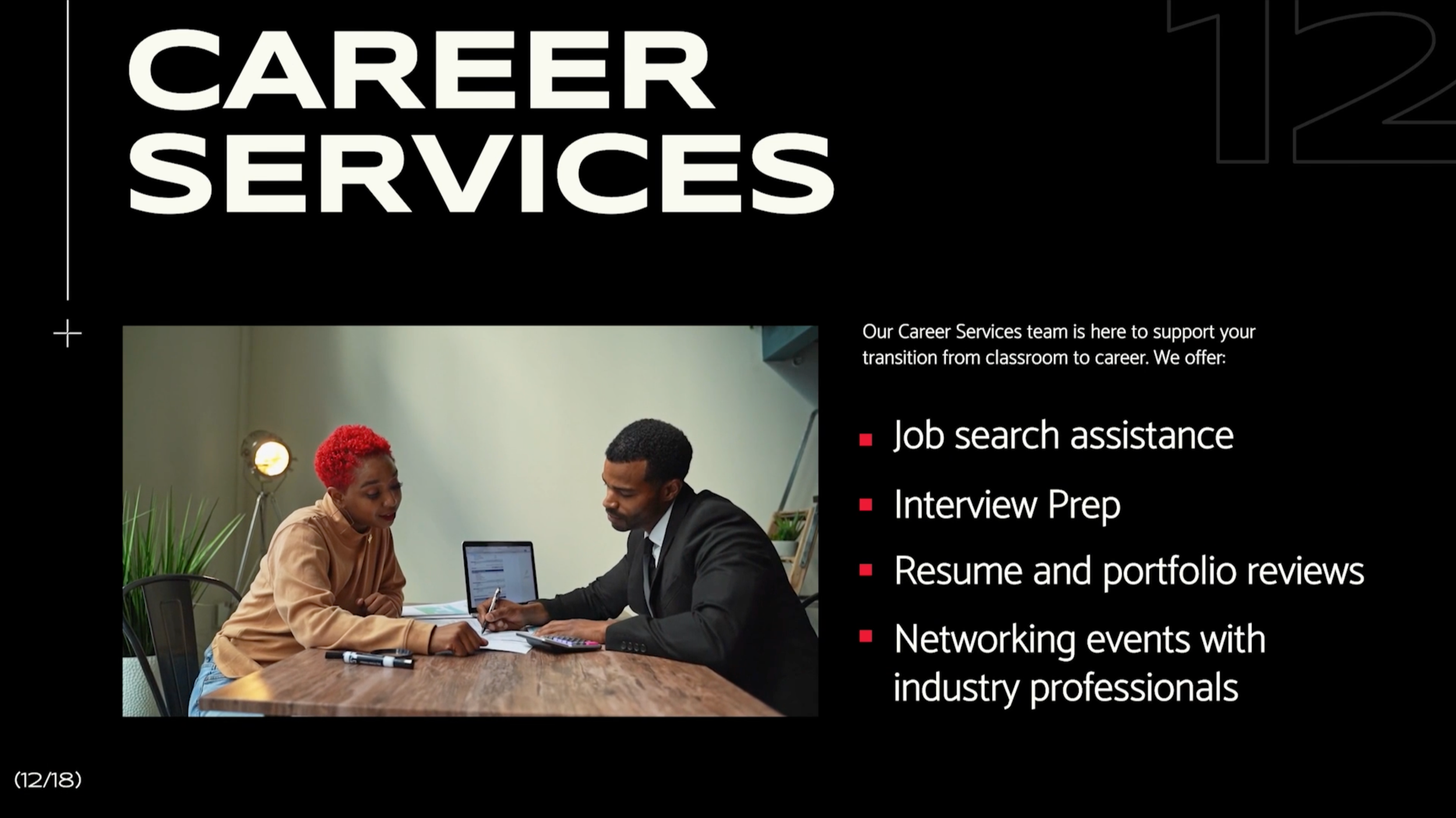 A poster or slide presenting career services, with an image of two people in a meeting at a table, one woman with red hair and a man in a suit, discussing documents. The text highlights services such as job search assistance, interview prep, resume reviews, and networking events.