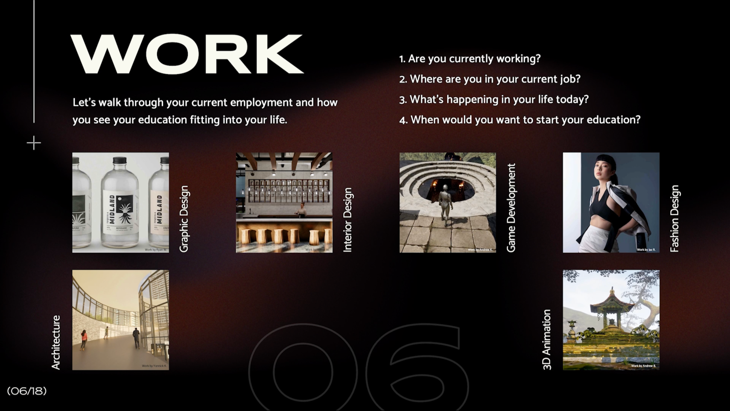 Slide presentation titled 'WORK' with questions about employment and education. Contains images labeled Graphic Design, Interior Design, Game Development, Fashion Design, Architecture, Animation, and 3D Art. The slide number is 06/18.