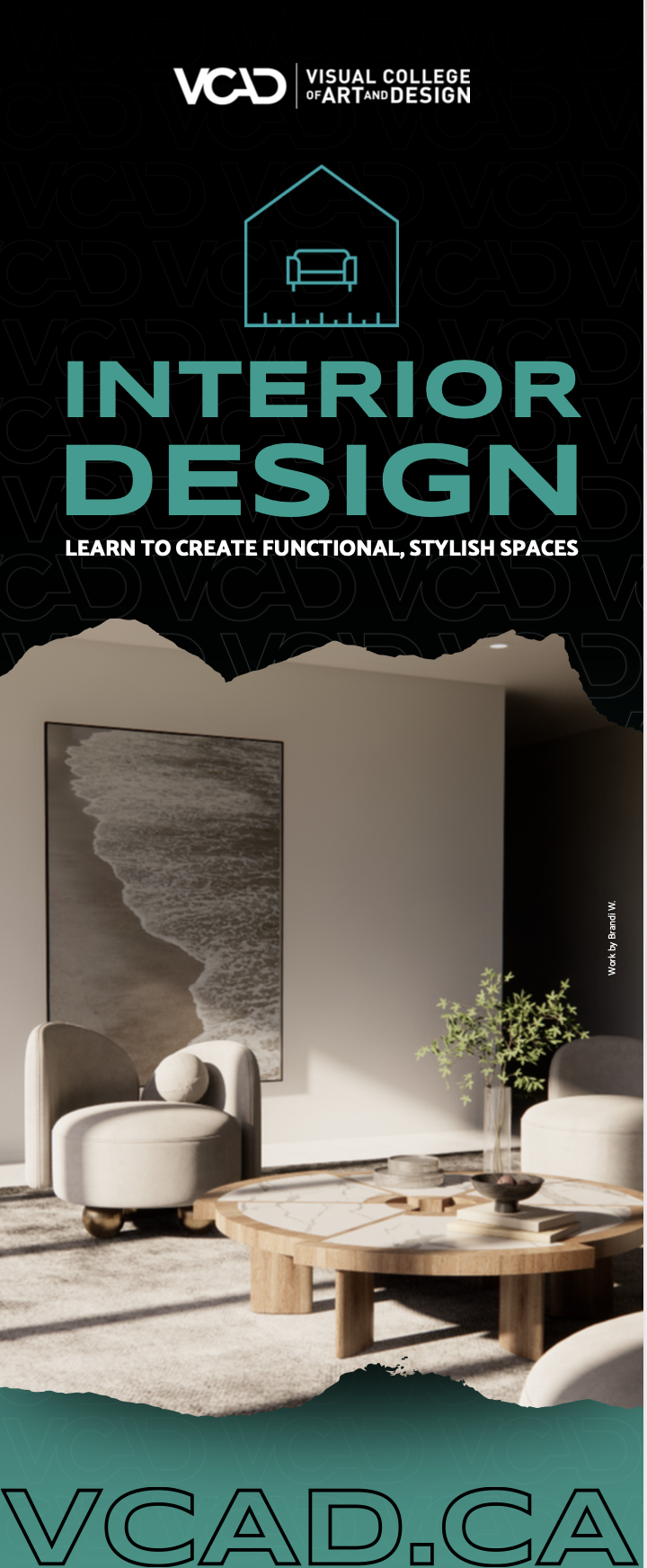 Poster promoting interior design course at Visual College of Art and Design, featuring a modern living room with chairs, a round wooden table with decor, a framed seaside artwork, a plant, and promotional text.