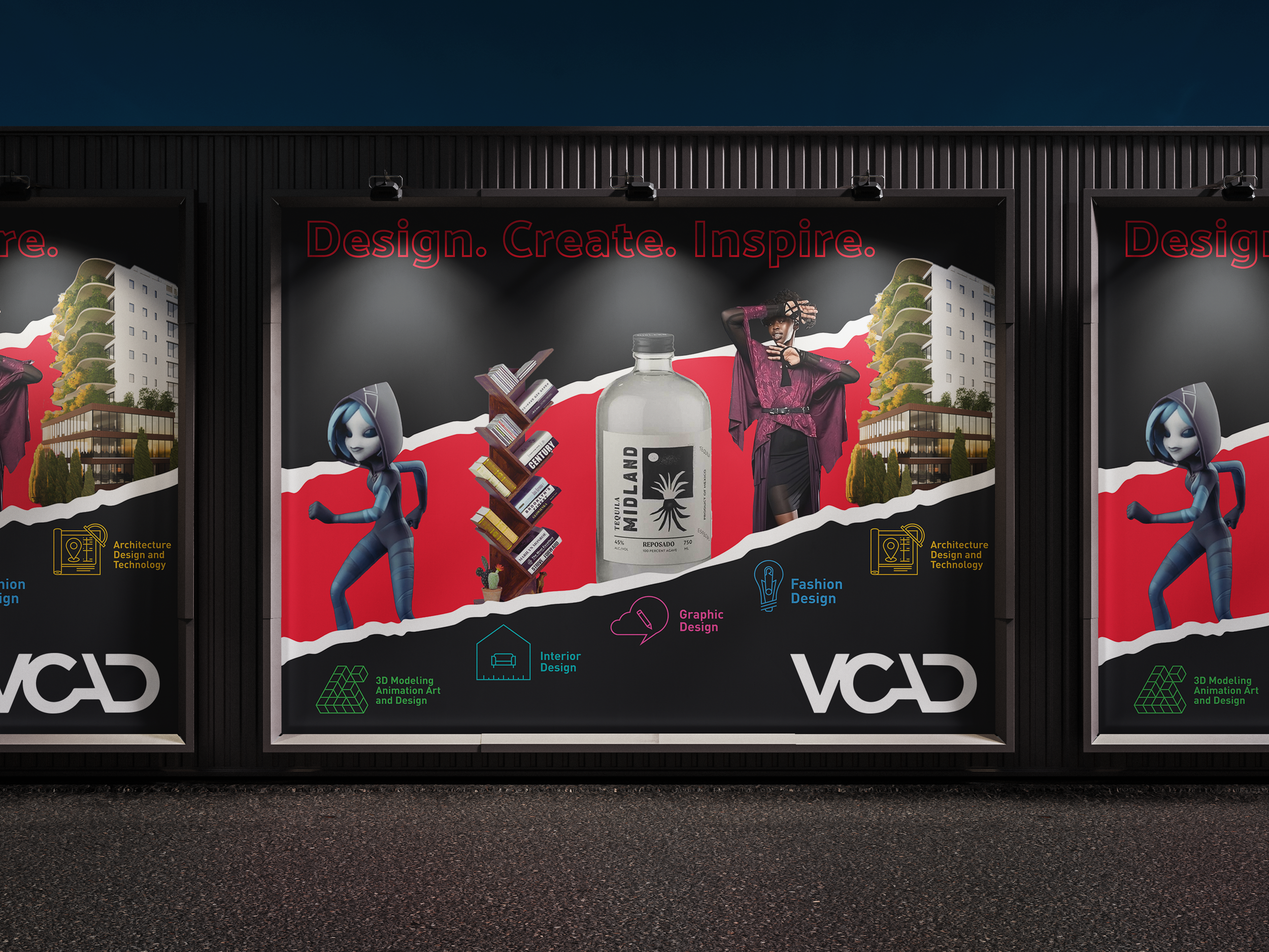 Billboard advertising various creative design disciplines including architecture, fashion, graphic design, interior design, and 3D modeling. The poster features animated characters, a book shelf, a bottle, and colorful text on a black background.