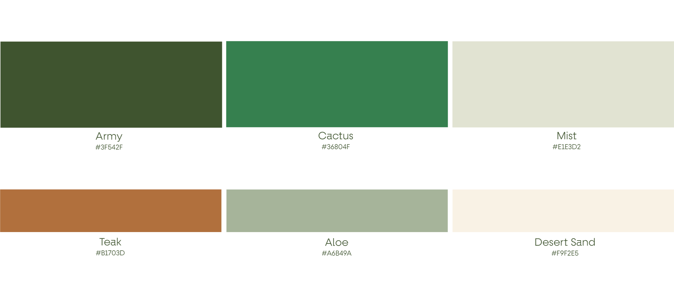 Color palette with six colors: Army green, Cactus green, Mist, Tauk, Aloe, and Desert Sand, each with their hex codes.