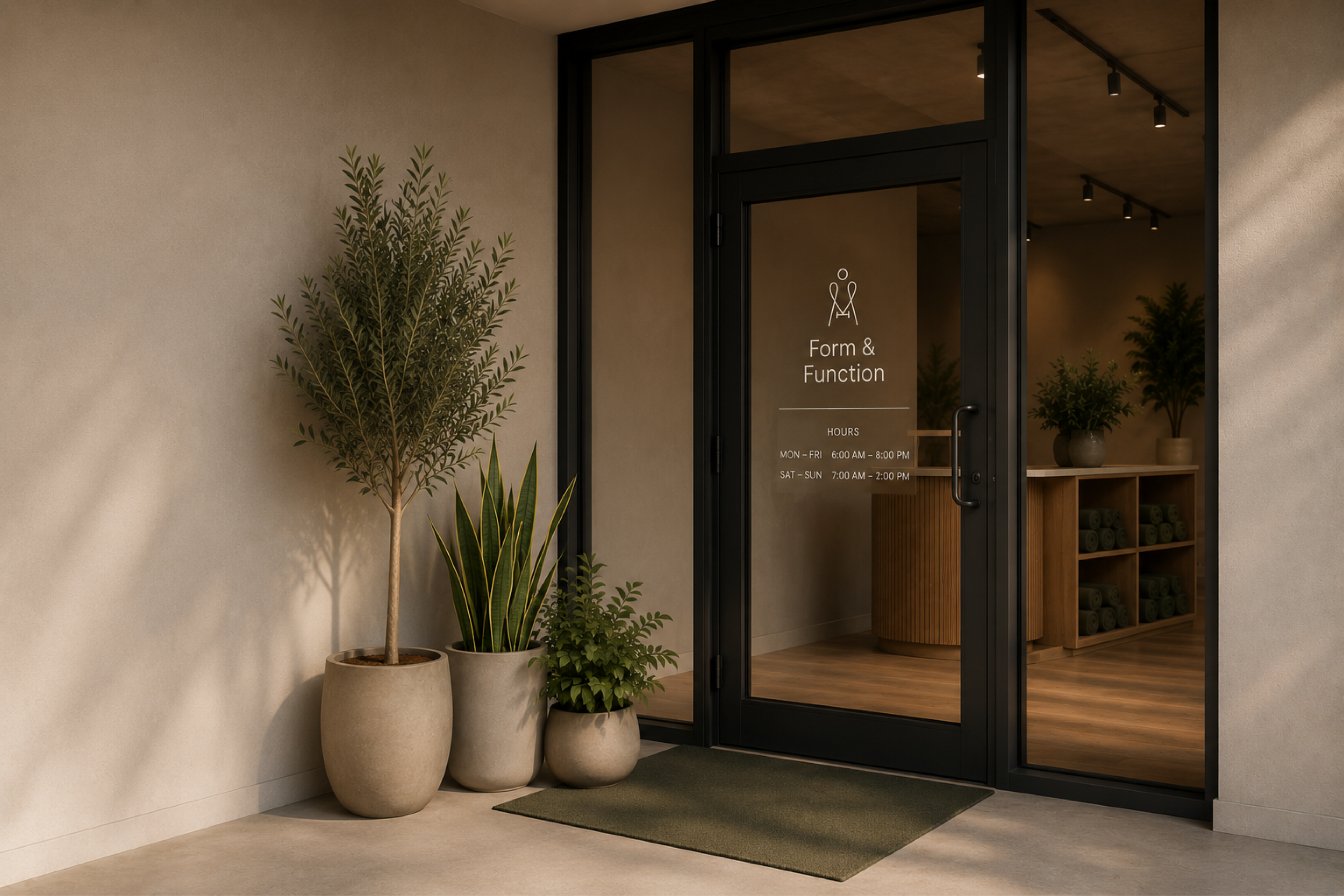 Entrance to a modern building labeled 'Form & Function' with glass doors, surrounded by potted plants, and visible interior lighting.