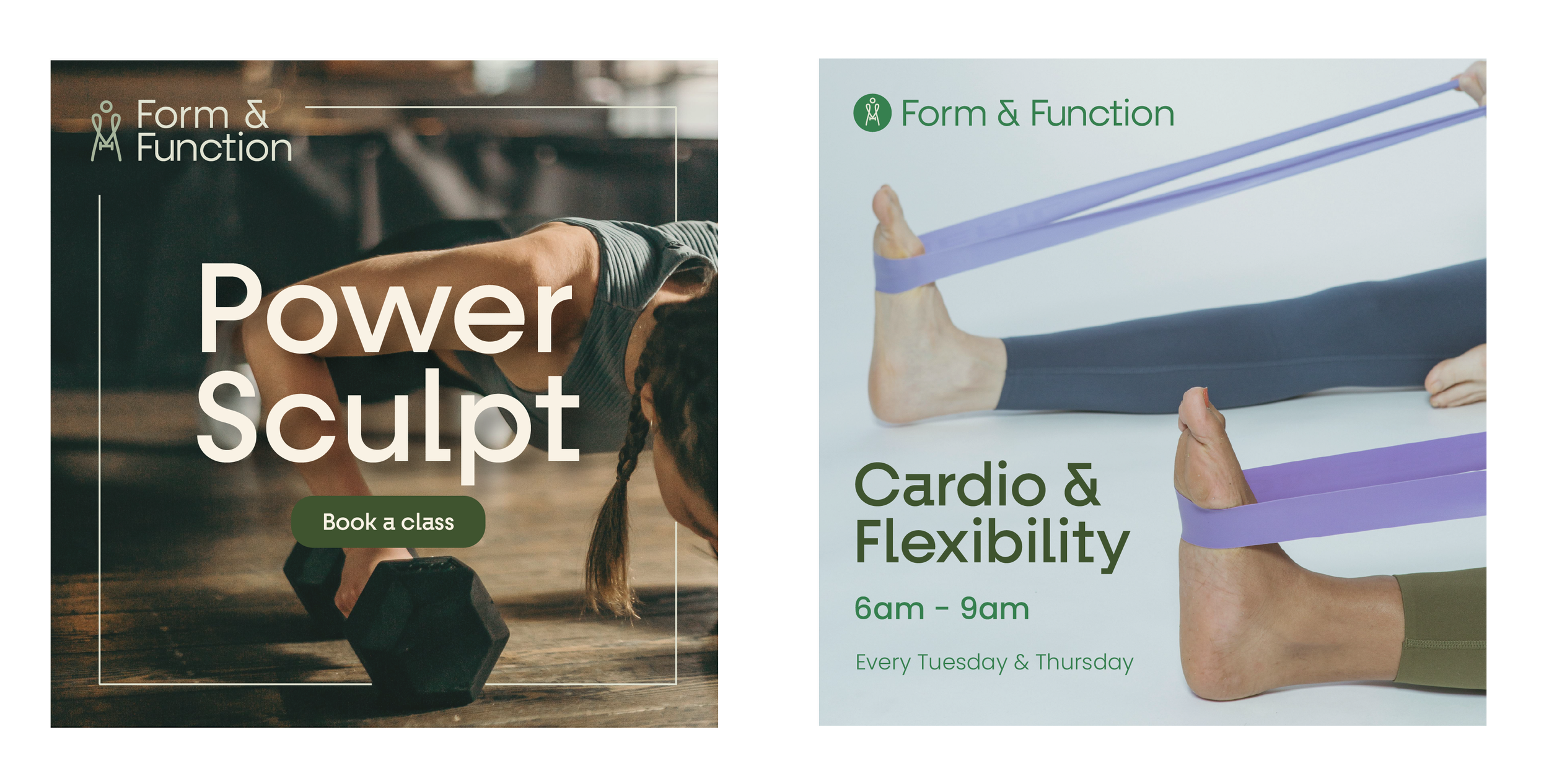 Promotional flyer advertising fitness classes. The left side shows a woman doing push-ups with dumbbells at a gym, with the text 'Power Sculpt' and a button that says 'Book a class.' The right side shows person using resistance bands for leg exercises, with text promoting 'Cardio & Flexibility' classes every Tuesday and Thursday from 6am to 9am.