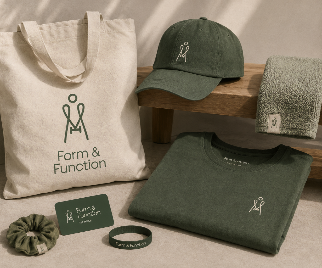 Collection of green and beige apparel and accessories featuring the 'Form & Function' brand logo, including a tote bag, baseball cap, towel, T-shirt, scrunchie, wristband, and a member card displayed on beige and wooden surfaces.