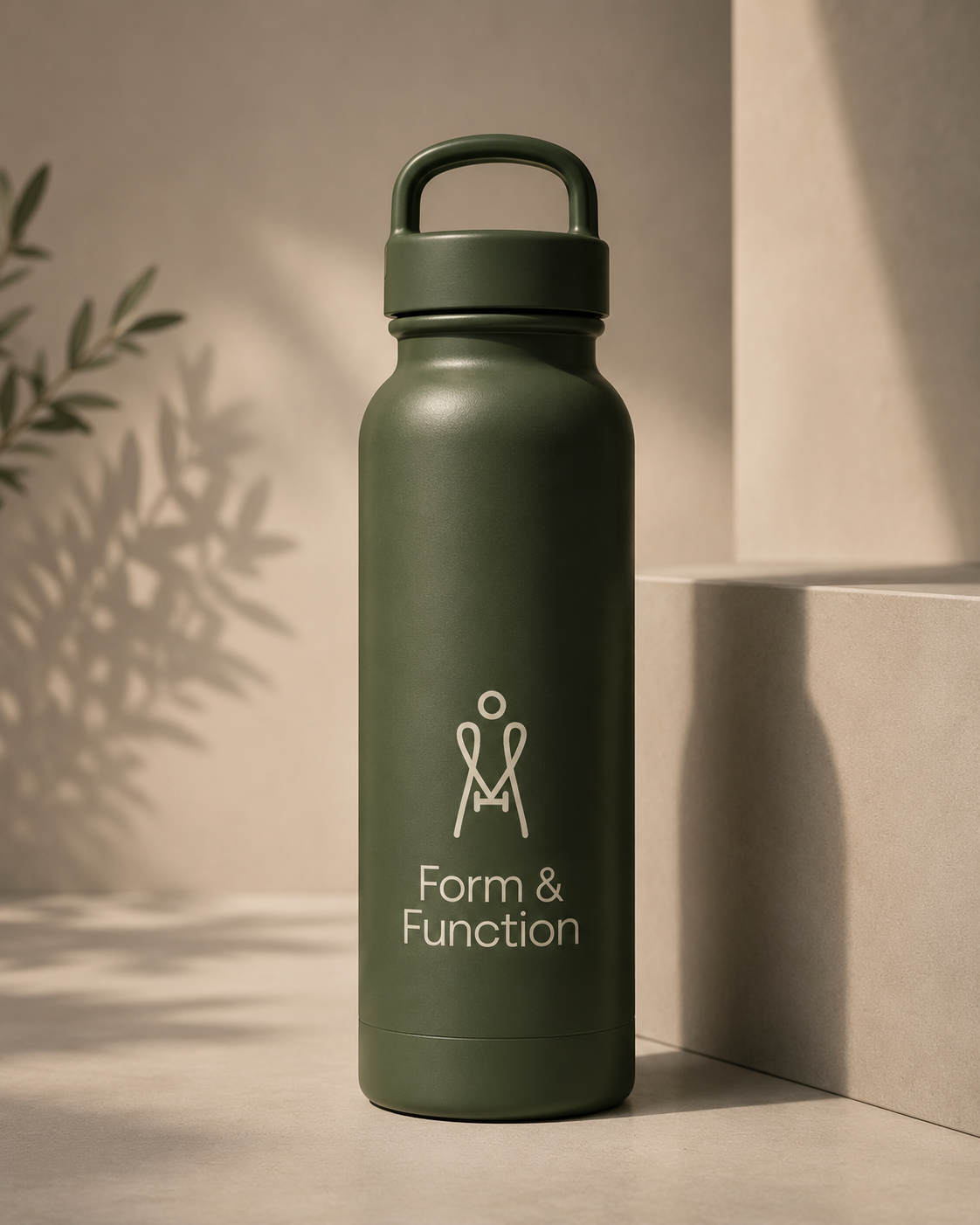 A green water bottle with a handle on top standing on a beige surface next to a beige step, with a shadow of a leafy plant cast on the wall background. The bottle has a logo of a person doing a handstand and the words "Form & Function" printed on it.